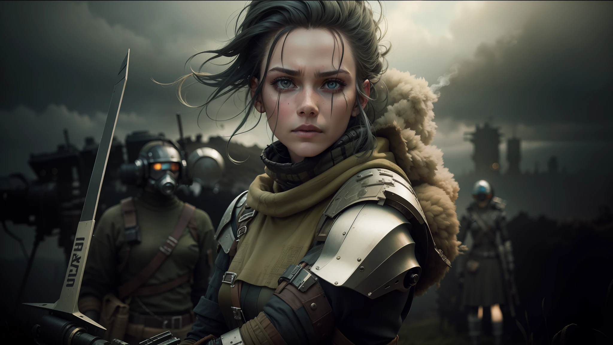 there is a woman standing next to a robot in a field, inspired by Nína Tryggvadóttir, vfx, smogpunk, irreverent characters, an epic non - binary model, moorland, medium shot of two characters, after effects, human soldiers, oilpunk, by Nína Tryggvadóttir, pathfinder