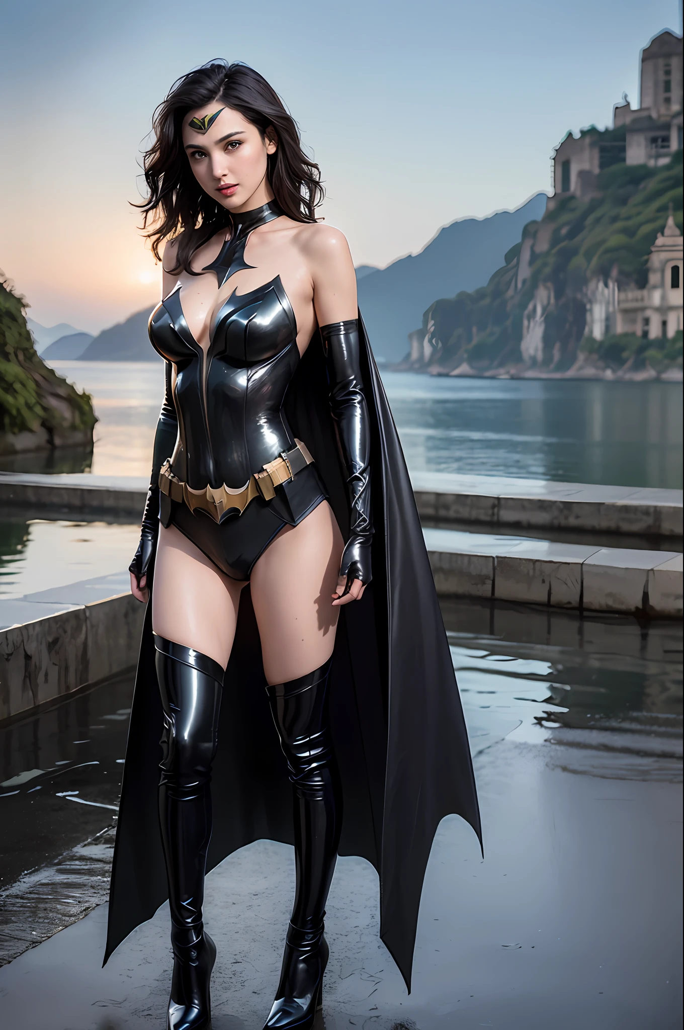 Best quality, masterpiece, ultra high res, (photorealistic:1.4), raw photo, gal gadot, batman costume, DARK hair, shiny skin, WET BODY, dramatic lighting, full body, bitch, micro lingerie, huge breasts, Myanmar, full raw body, showing all charms, breasts focus