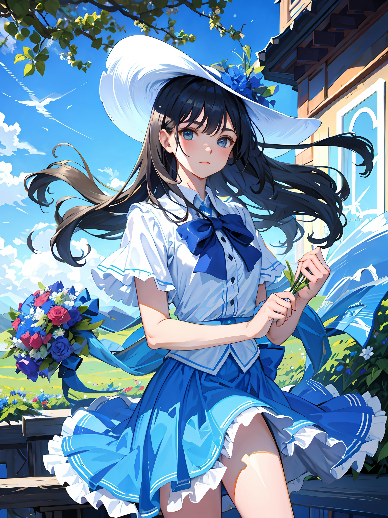 Blue sky, girl holding flowers, wearing hat, bokeh background, blue skirt