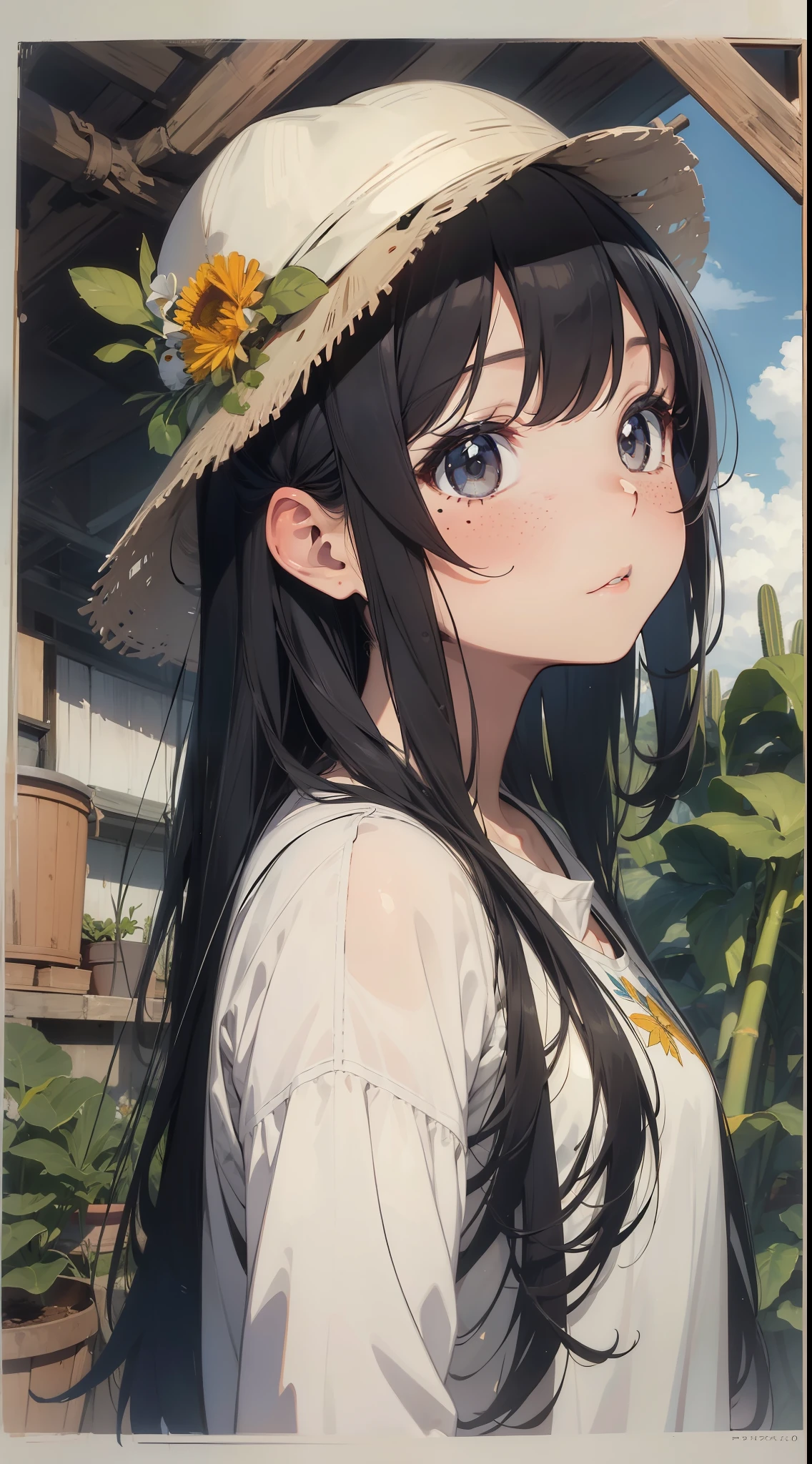 Slight retro color, flat, grainy, riso print style, illustration, cute, white space, low saturation, 1girl, antennae, bamboo, bangs, black hair, branch, cactus, cloud, dandelion, expressionless, flower, flower pot, ivy, leaf, lily \(flower\), limited palette, long hair, looking at viewer, makeup, mixed media, mole, moon, morning glory, palm leaf, palm tree, plant, portrait, potted plant, seaweed, solo, spring onion, sweat, tan background, tanabata, tanzaku, tears, traditional media, tree, tulip, vegetable, vines, water drop, 1girl, solo, long hair, looking at viewer, bangs, black hair, hat, parted lips, black eyes, leaf, plant, portrait, freckles, limited palette