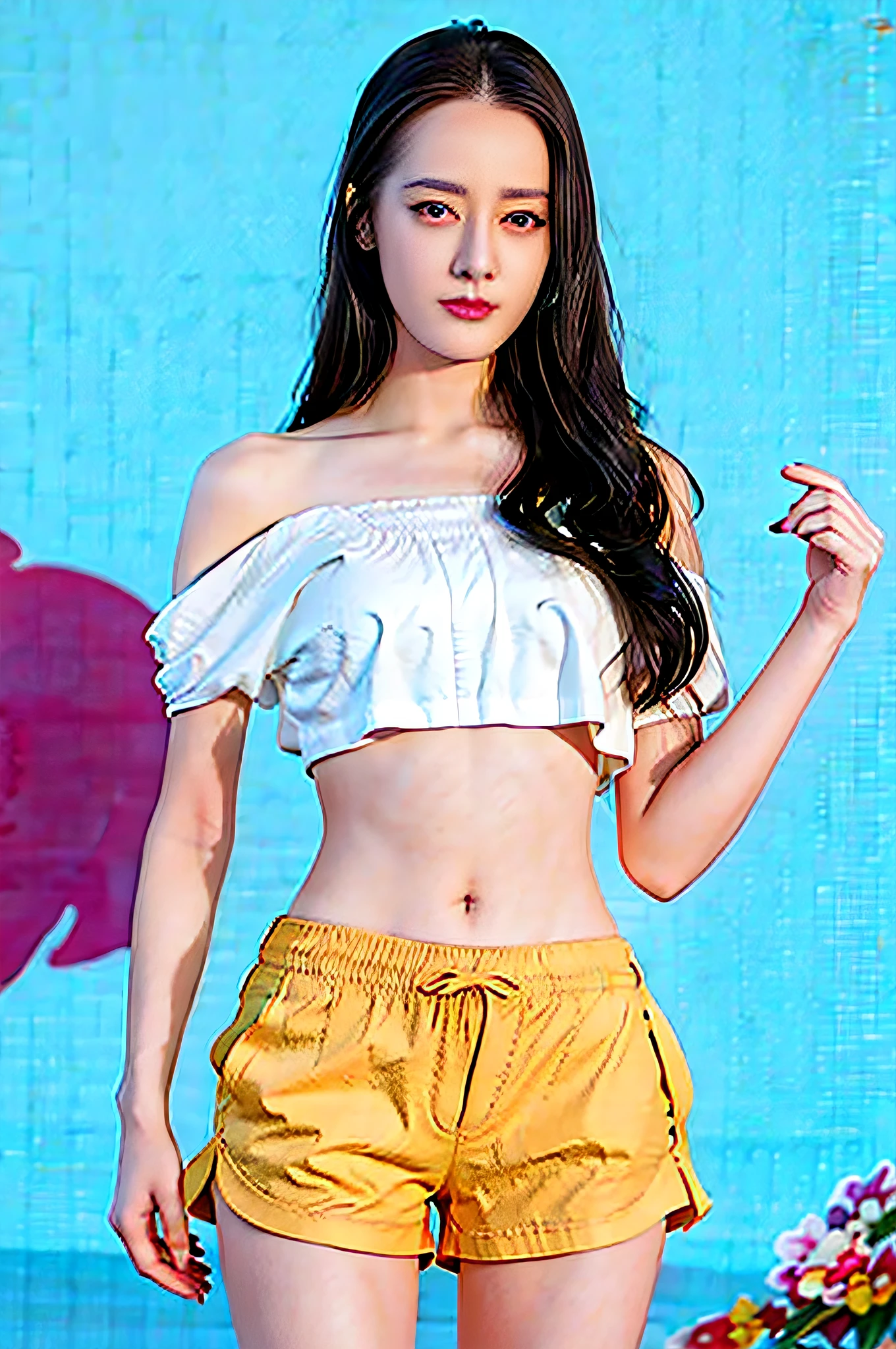 masterpiece, best quality, 1girl, aqua eyes, black hair, closed mouth, multicolored background, looking at viewer, outdoors, solo, upper body, alluring, clean, beautiful face, pure face, pale skin, sexy pose,((tube top, off shoulder, navel, shorts)), long hair, ((perfect female figure)), mature female, milf, narrow waist, chinese deity, seductive, highly detailed,best quality, masterpiece, highres, original, extremely detailed 8K wallpaper,masterpiece, best quality, illustration, beautifully detailed eyes, cinematic lighting,
