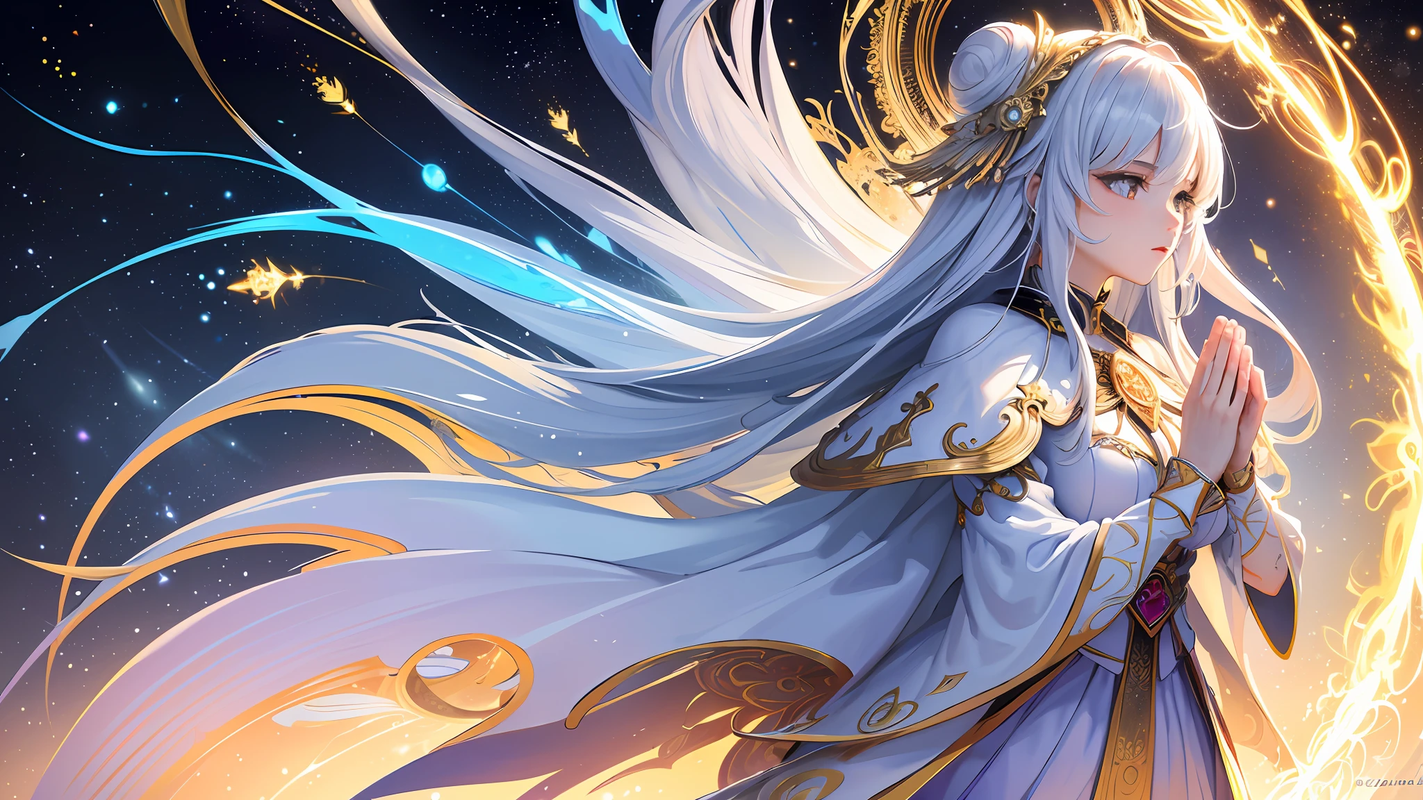 (masterpiece, top quality, best quality, official art, beautiful and aesthetic:1.2), (1girl), extreme detailed, (fractal art:1.3), colorful, highest detailed, perfect face, upper body, HDR, (praying:1.3), (white cloak golden lines:1.2), galaxy, (light streaks), striking visuals, (dynamic streaks, luminous trails:1.2), vibrant colors,