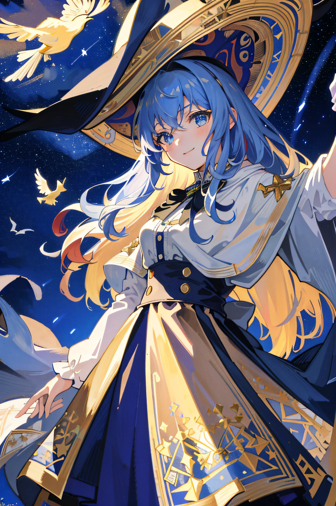 ((masterpiece:1.2, best quality)), 1girl, solo, (witch hat), blonde, long hair, skirt, aurora, night, stars (sky), gloves, sky, white skirt, night sky, mouth open, starry sky, blue Eyes, Ribbons, Long Hair, Red Dress, Smile, Headband, Cape, Blue Hair, (Bird), Magic, Spellcasting, Dark Clouds, Night, (Impressionism: 1.4), (Tarot: 1.3), Alphonse Mucha,