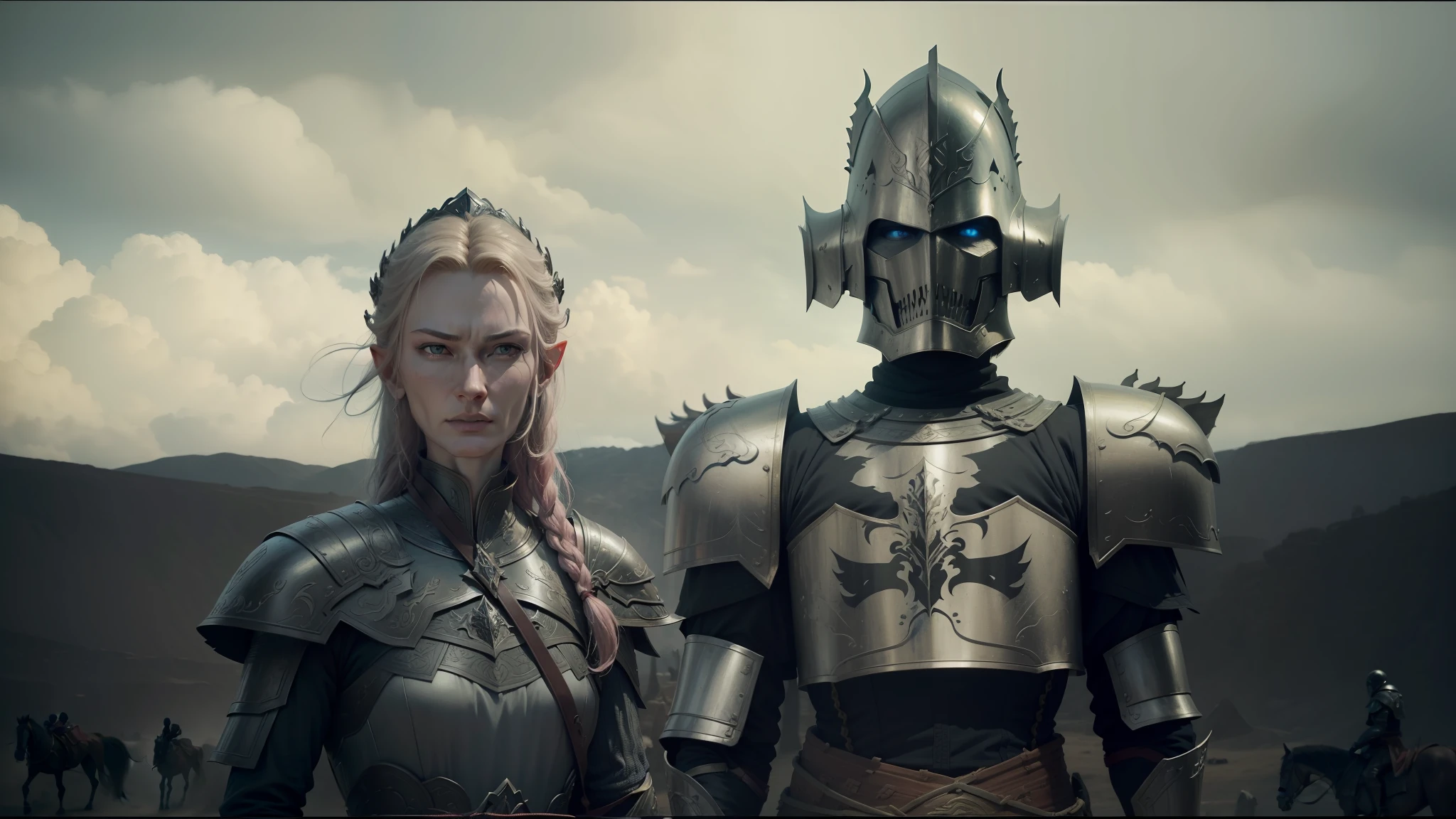 arafed image of a group of men in armor riding horses, cate blanchett as galadriel, yanjun chengt, still frame from a movie, undead soldiers in background, animation film, menacing orc, inspired by Huang Guangjian, colorgrading, promotional images, pale pointed ears, the king of death
