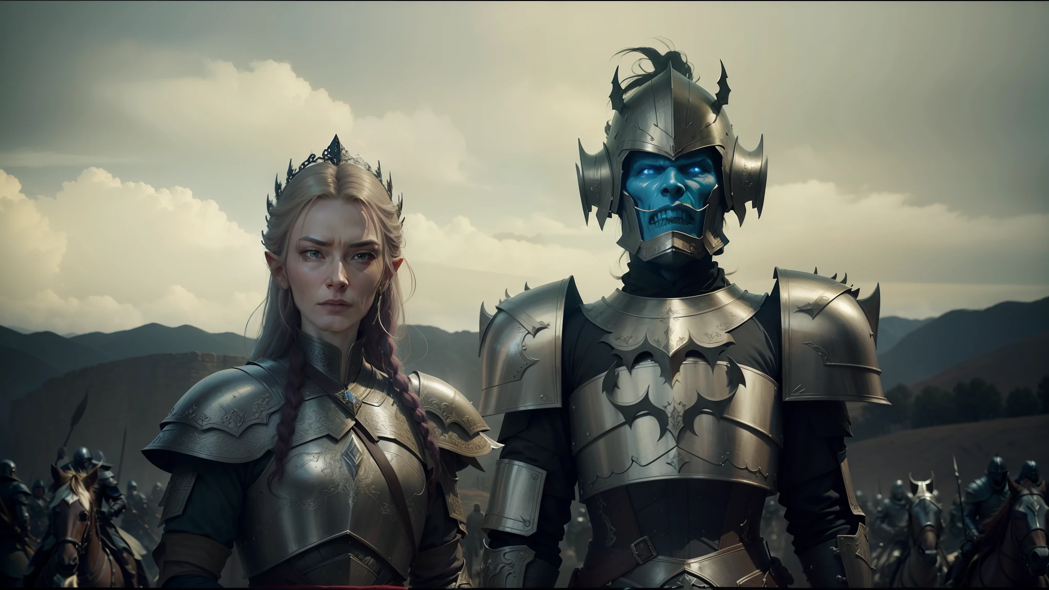 arafed image of a group of men in armor riding horses, cate blanchett as galadriel, yanjun chengt, still frame from a movie, undead soldiers in background, animation film, menacing orc, inspired by Huang Guangjian, colorgrading, promotional images, pale pointed ears, the king of death