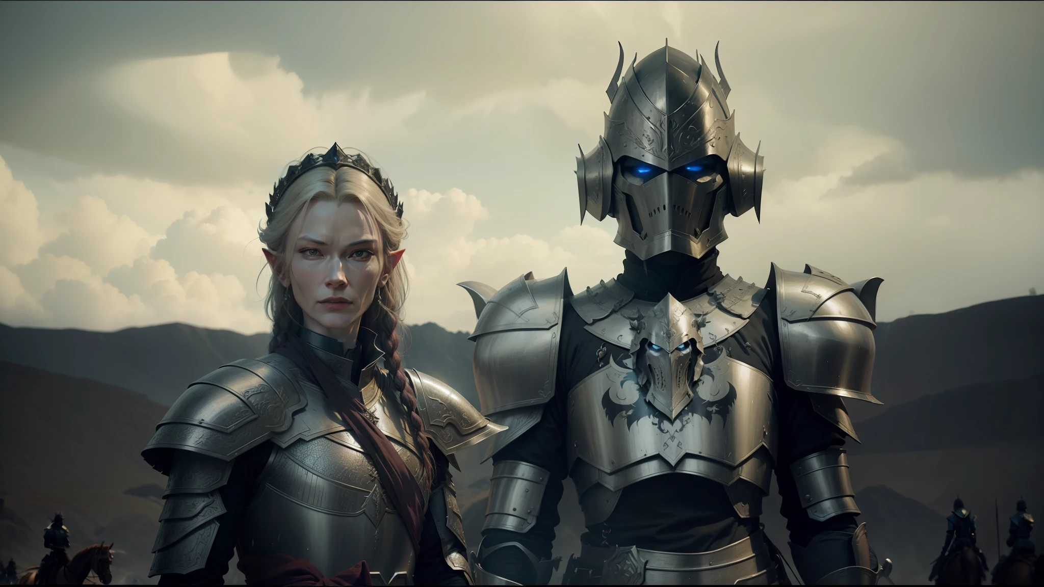 arafed image of a group of men in armor riding horses, cate blanchett as galadriel, yanjun chengt, still frame from a movie, undead soldiers in background, animation film, menacing orc, inspired by Huang Guangjian, colorgrading, promotional images, pale pointed ears, the king of death
