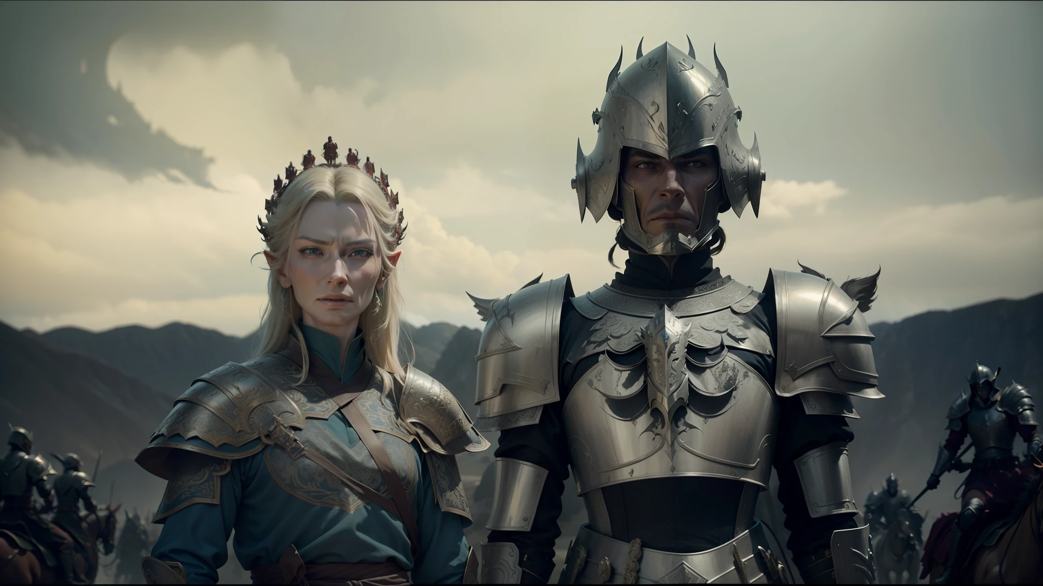 arafed image of a group of men in armor riding horses, cate blanchett as galadriel, yanjun chengt, still frame from a movie, undead soldiers in background, animation film, menacing orc, inspired by Huang Guangjian, colorgrading, promotional images, pale pointed ears, the king of death