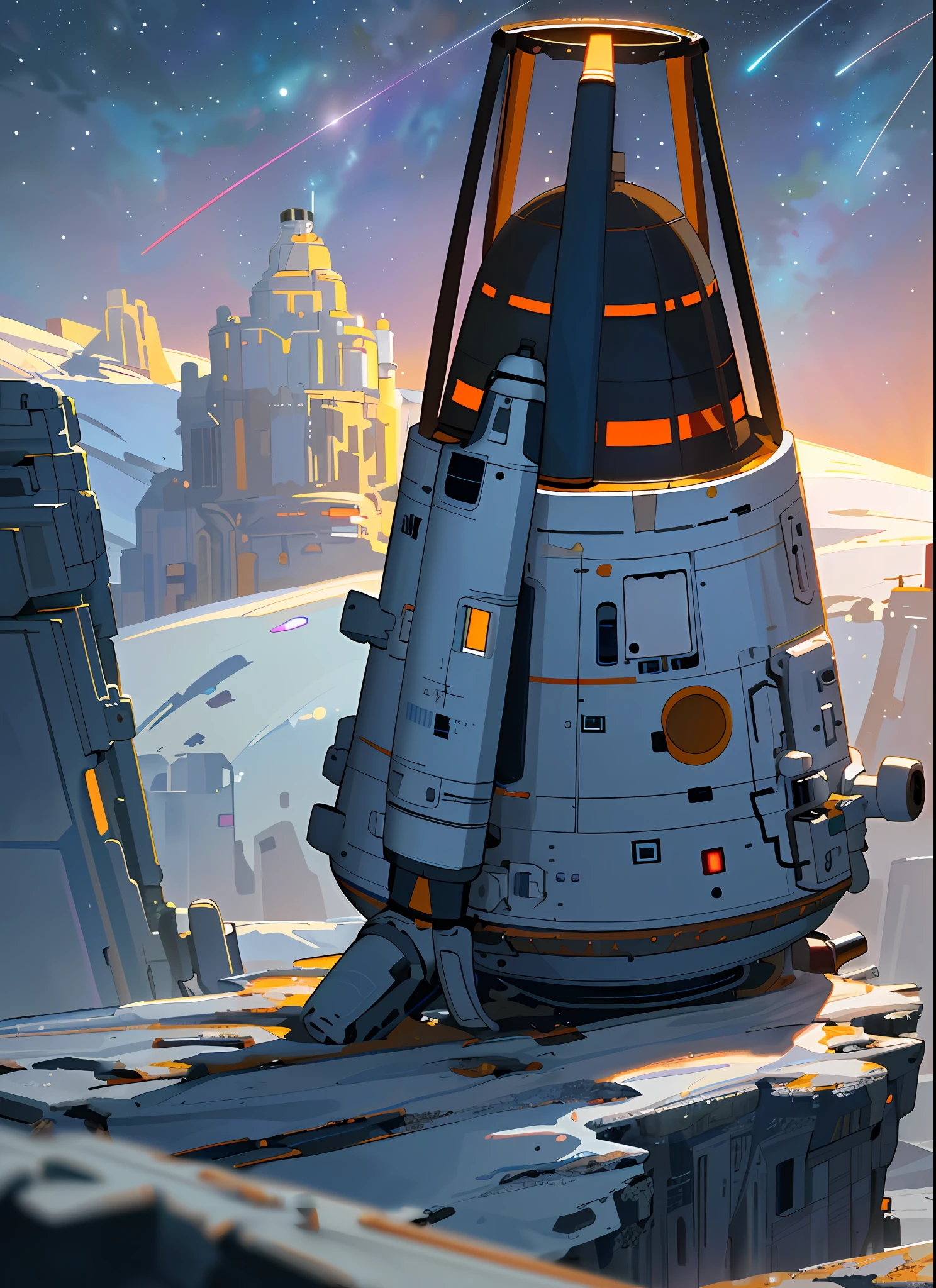 ((8k, RAW photo, best quality, masterpiece: 1.4)), ultra-high resolution, ultra-detailed, illustration, close-up, astronaut, environment only, laboratory, spacecraft, made of stone, night, starry sky, architecture, future, imagination, outdoors, background only