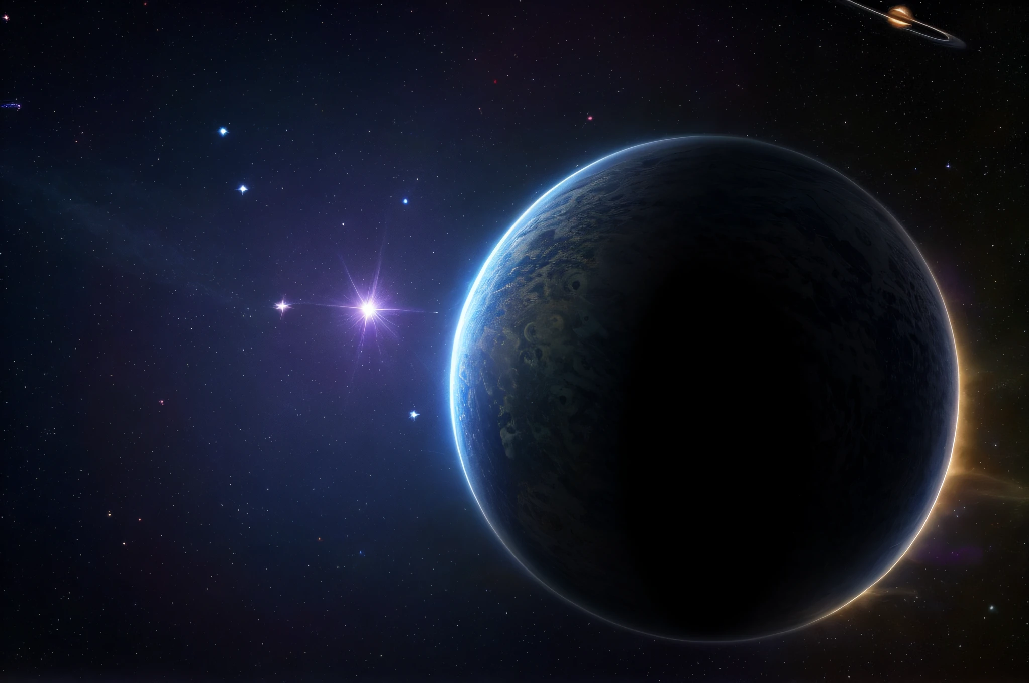 A planet with rings orbiting it, similar to Jupiter, tiny spaceships flying towards the planet, a faint tail flame, several small planets in the distance, masterpiece, best quality, high quality, very detailed CG unity 8k wallpaper, depth of field, HDR, realism, very detailed, intricate, high detail, universe, space, galaxy, stars, planets, astronomy, universe, celestial body, nebula, solar system, cosmic rays, supernova, deep space, astronomical object