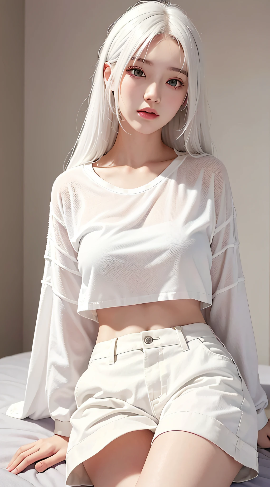 Realistic, high resolution, 1 girl, white hair, Korean, loose white shirt, white shorts, medium chest