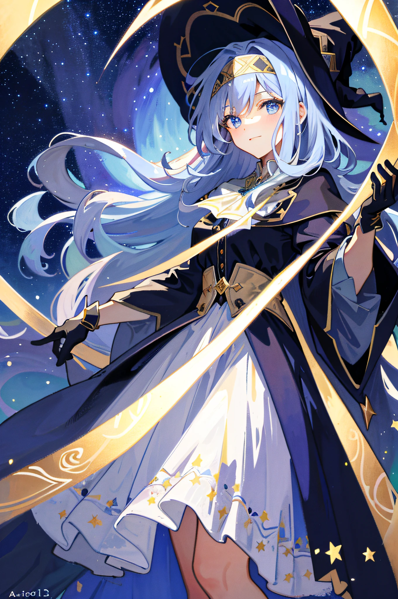 ((masterpiece:1.2, best quality)), 1girl, solo, (witch hat), blonde, long hair, skirt, aurora, night, stars (sky), gloves, sky, white skirt, night sky, mouth open, starry sky, blue Eyes, Ribbons, Long Hair, Red Dress, Smile, Headband, Cape, Blue Hair, (Bird), Magic, Spellcasting, Dark Clouds, Night, (Impressionism: 1.4), (Tarot: 1.3), Alphonse Mucha,