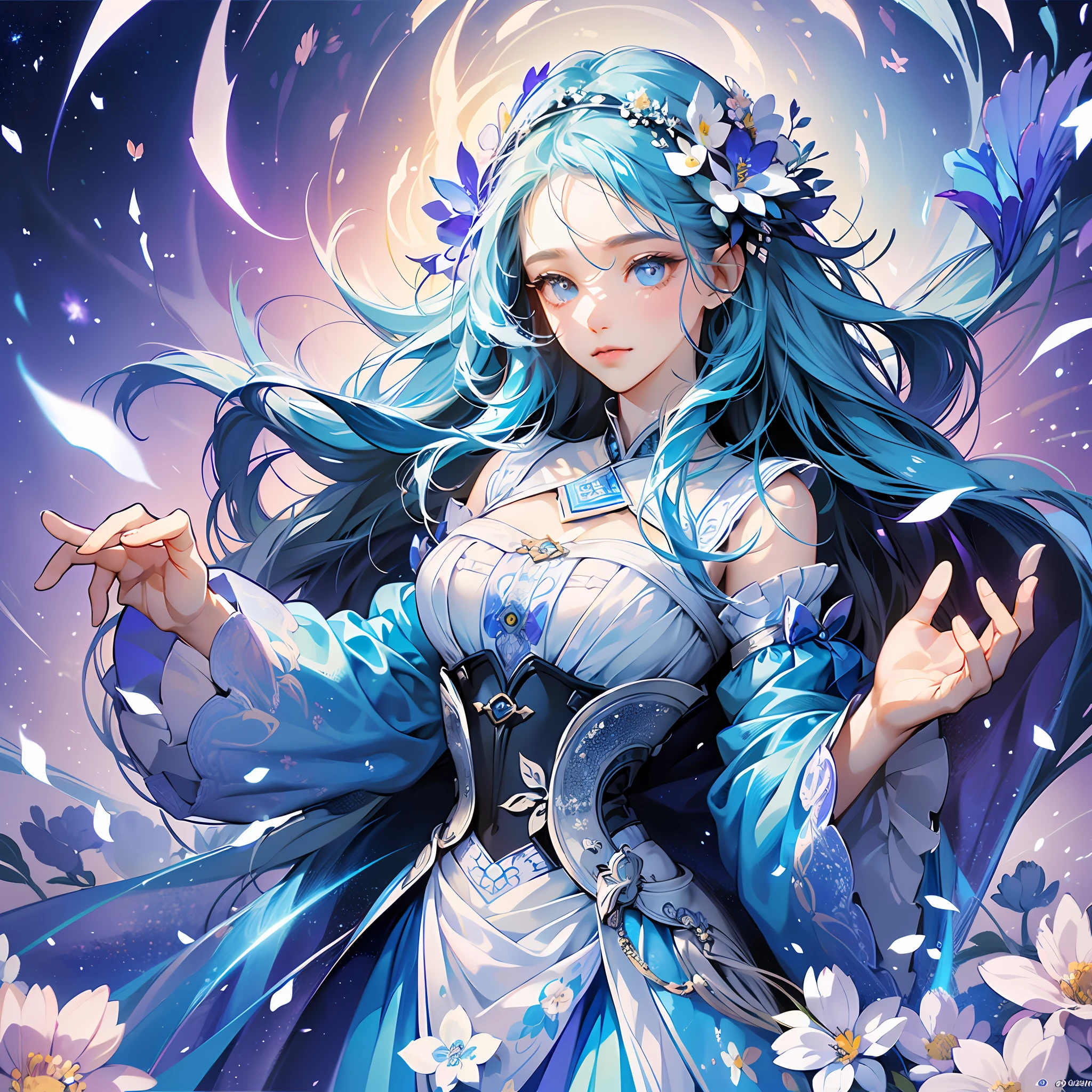 (Ridiculous, High Resolution, Ultra Detailed), 1girl, Solo, Very Detailed Eyes, (Official Art, Beauty and Aesthetics: 1.2), (Fractal Art: 1.3), Particles, Wind, Flowers, Blue and White Color Scheme, Simple Background, Looking at the Audience, Most Detailed --auto --s2
