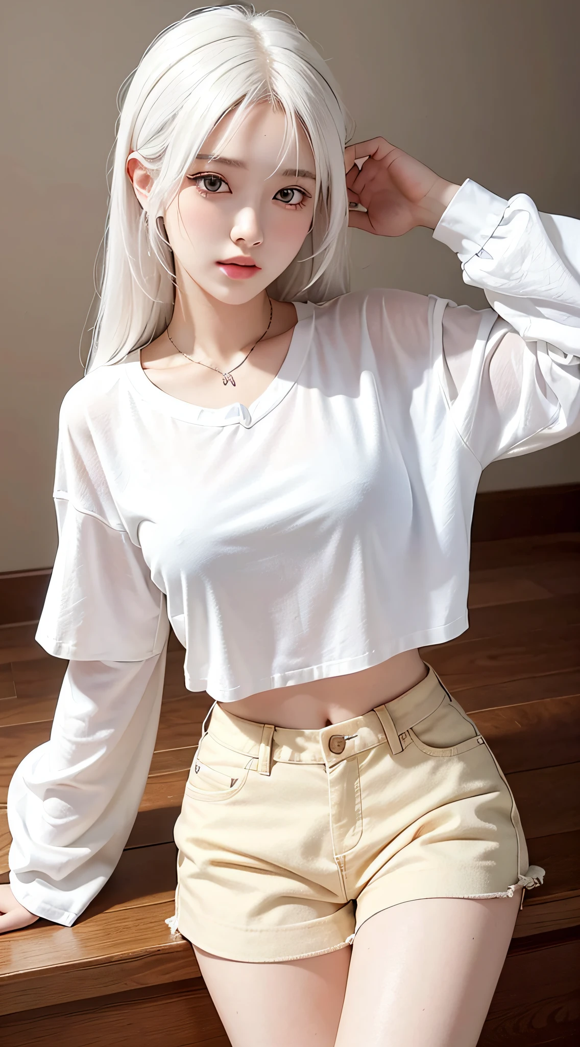 Realistic, high resolution, 1 girl, white hair, Korean, loose white shirt, white shorts, medium chest