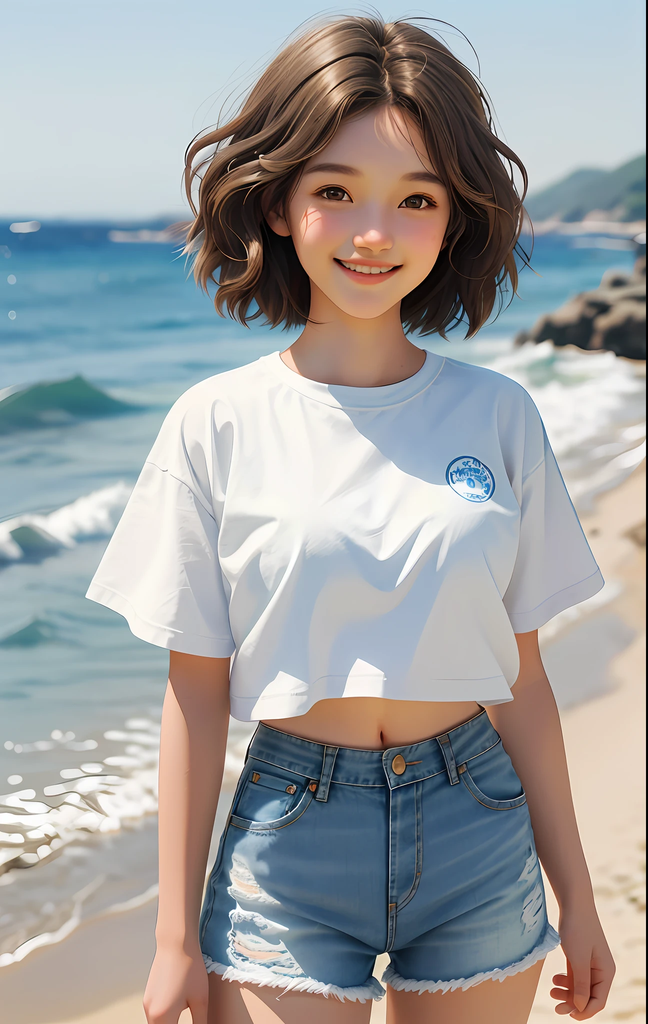 1 girl, short hair big waves, brown hair, brown eyes, white clothes, denim shorts, perfect figure, deep view, idyllic background, close-up, large aperture, blurred background, smile healing, very healing, very beautiful girl, beautiful beauty that people can't forget when they see it