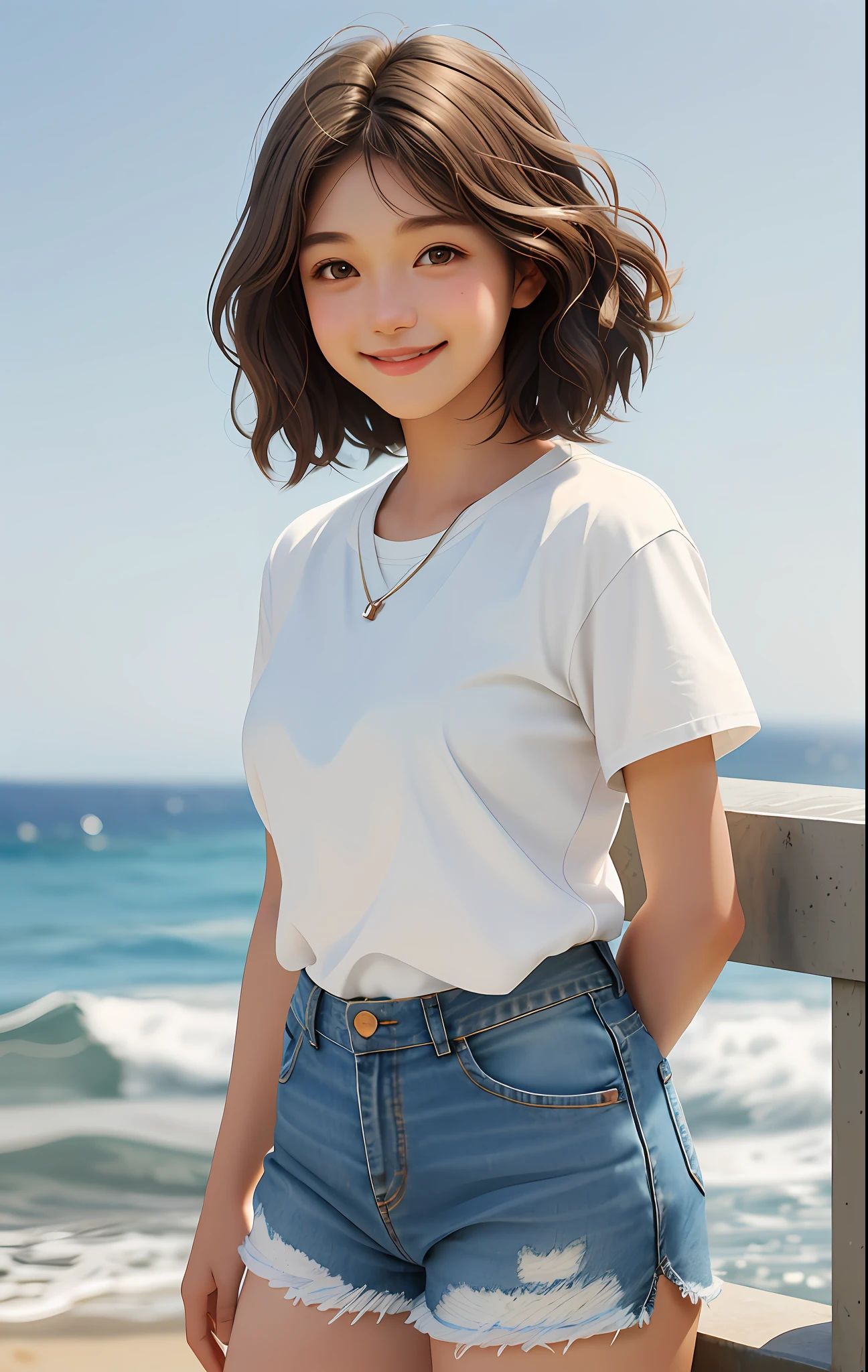 1 girl, short hair big waves, brown hair, brown eyes, white clothes, denim shorts, perfect figure, deep view, idyllic background, close-up, large aperture, blurred background, smile healing, very healing, very beautiful girl, beautiful beauty that people can't forget when they see it
