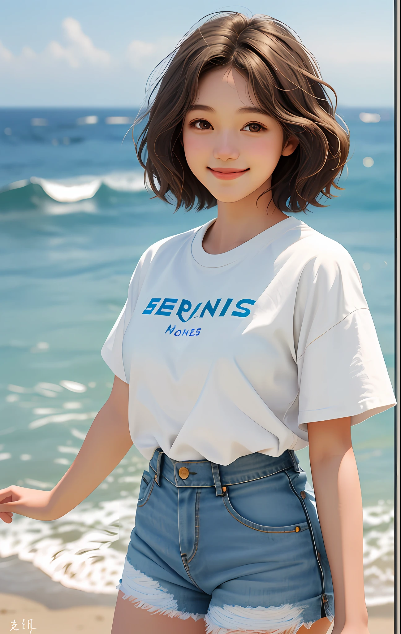 1 girl, short hair big waves, brown hair, brown eyes, white clothes, denim shorts, perfect figure, deep view, idyllic background, close-up, large aperture, blurred background, smile healing, very healing, very beautiful girl, beautiful beauty that people can't forget when they see it