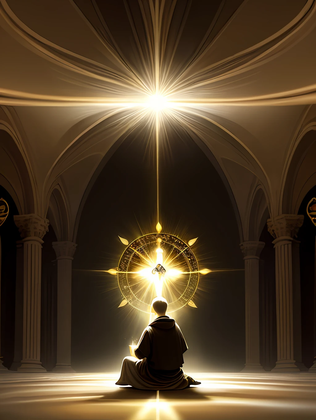 A host (Catholic) emanating light, floating over a people who revere on their knees (Christian masterpiece) beautiful and inspiring image.
