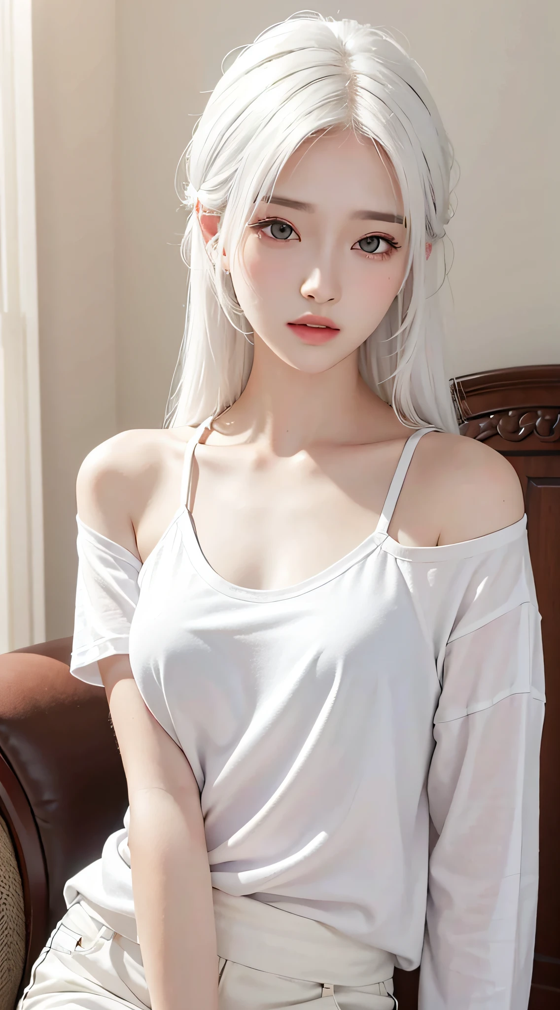 Realistic, high resolution, 1 girl, white hair, Korean, loose white shirt, white shorts, medium chest