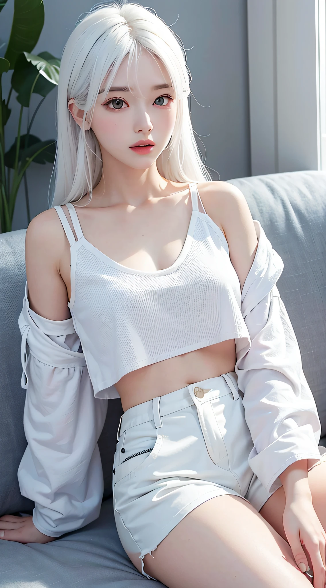 Realistic, high resolution, 1 girl, white hair, Korean, loose white shirt, white shorts, medium chest