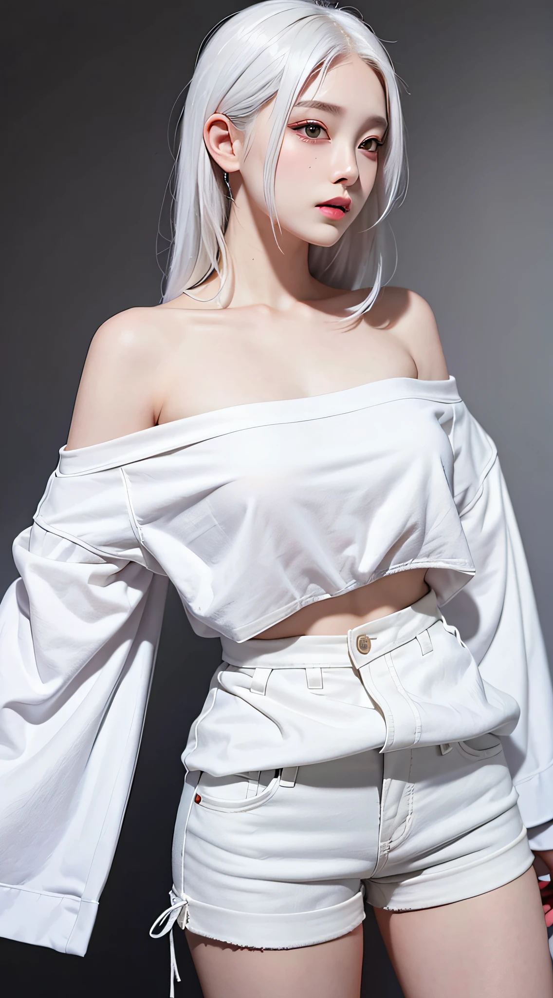Realistic, high resolution, 1 girl, white hair, Korean, loose white shirt, white shorts, medium chest