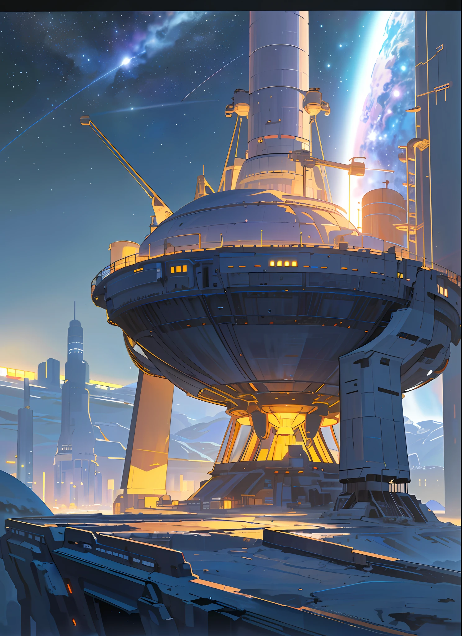 ((8k, RAW photo, best quality, master: 1.4)), ultra high resolution, super detail, illustration, close up, environment only, laboratory, spaceship, made of stone, night, starry sky, architecture, future, imagination, outdoors, background only