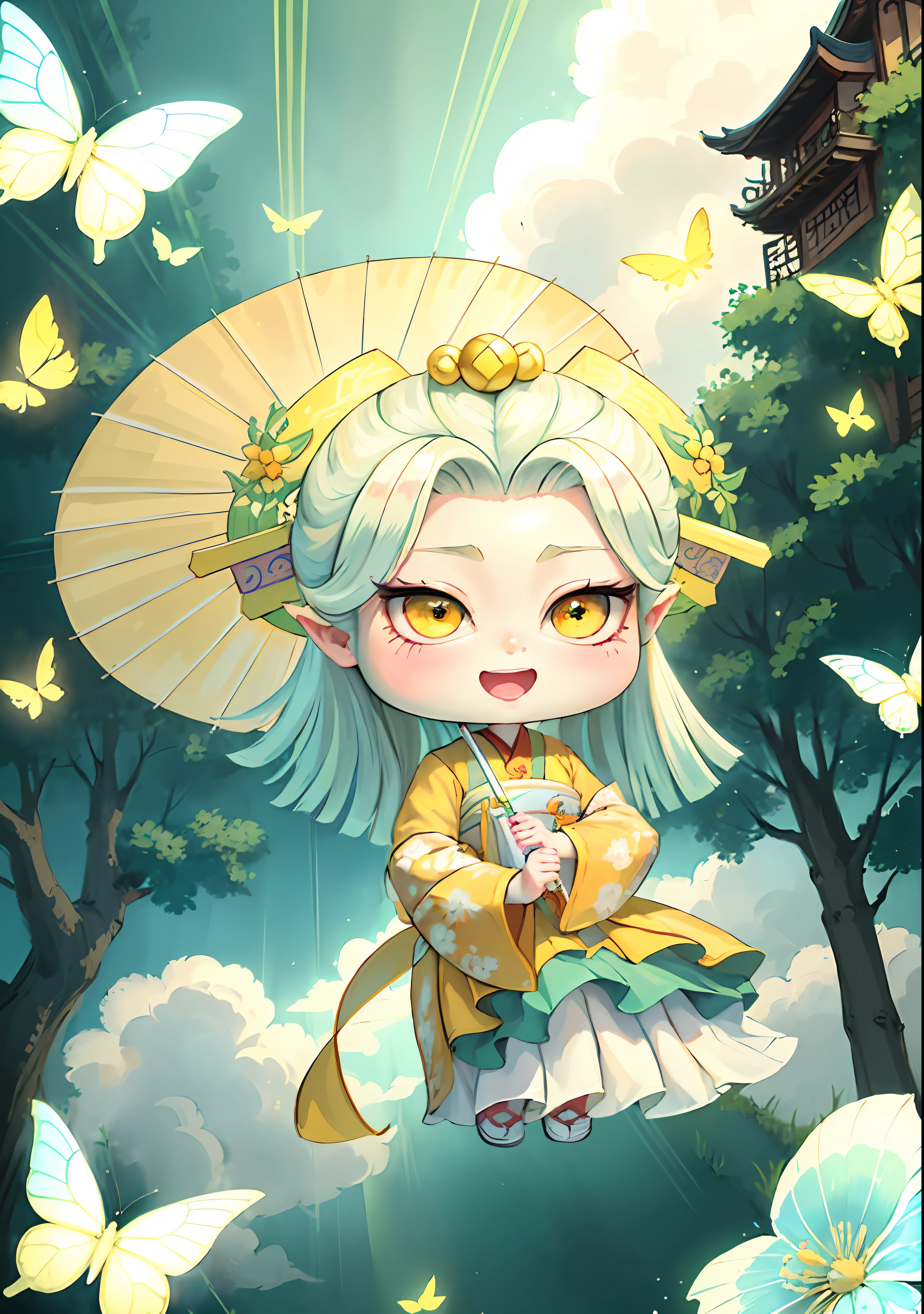 A painting of a Chinese girl holding an oil-paper umbrella, yellow hair, ancient Chinese princess, wearing Tang Dynasty clothes, skirt is green, light ribbon flying on her hand, the scene has two butterflies playing, light umbrella, bright color block, bright color, line art, infinite details, fine painting, beautifully depicted, blank background, clean coloring