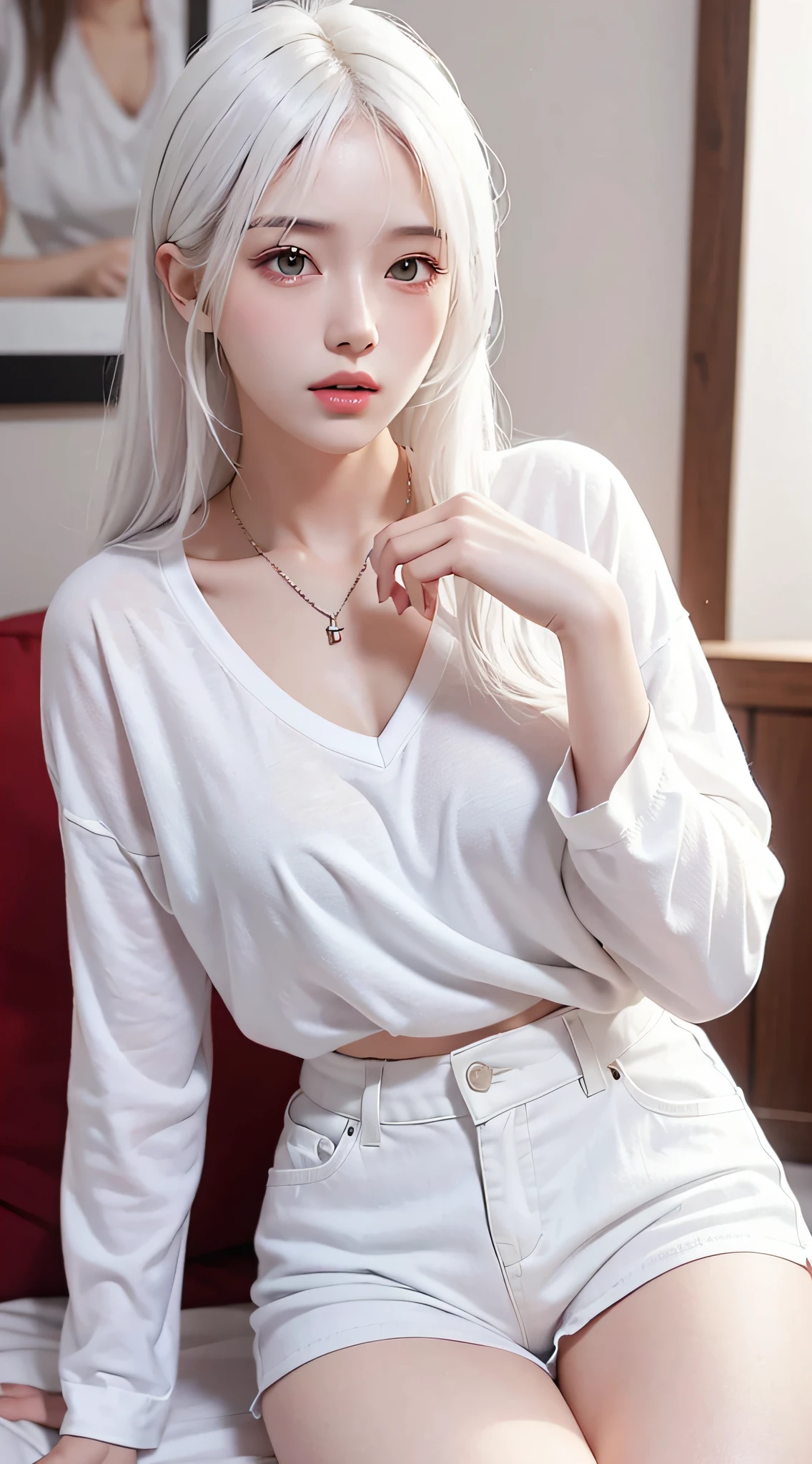 Realistic, high resolution, 1 girl, white hair, Korean, loose white shirt, white shorts, medium chest