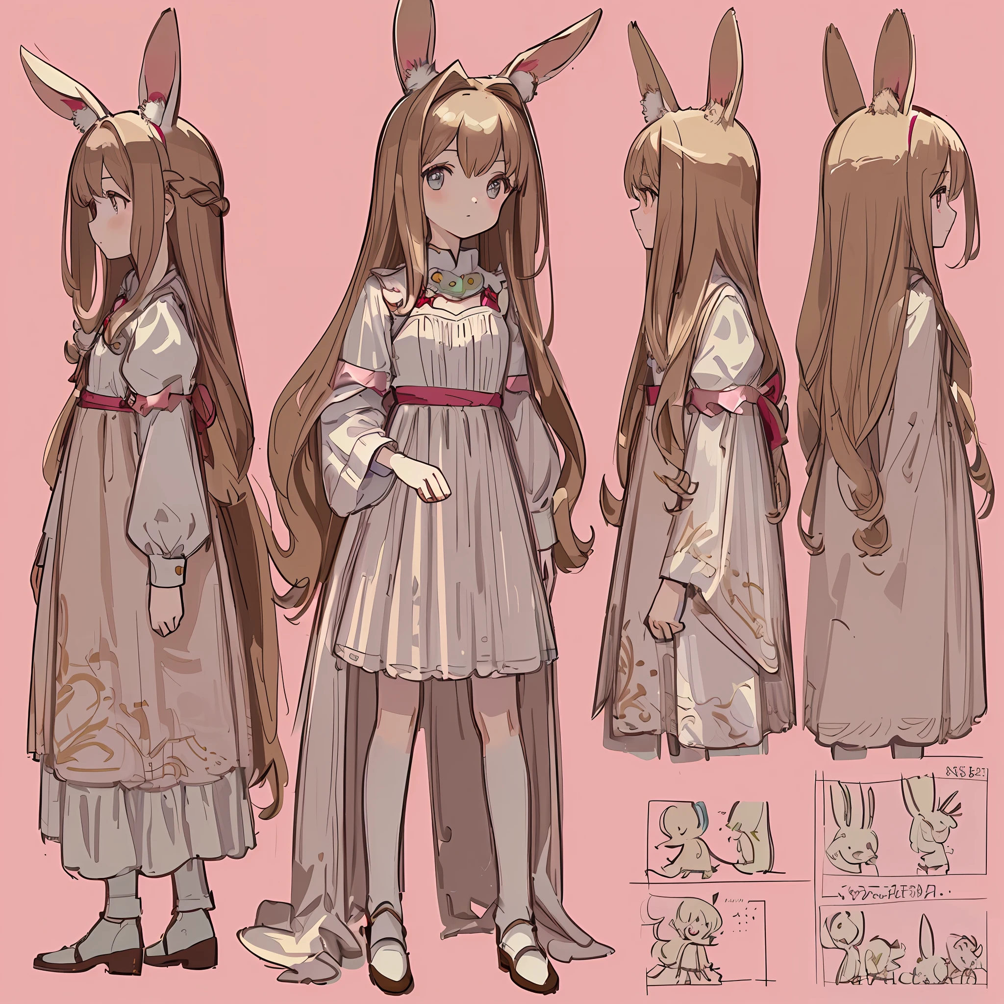 ((masterpiece)),(((best quality))),((character design sheet,same character,front,side,back)),illustration,1 girl,long wavy light brown hair with pale pink gradient highlight at the end,beautiful ruby eyes, pose too, bunny ears,bunny tail, charturnbetalora, (simple background, white background: 1.3)