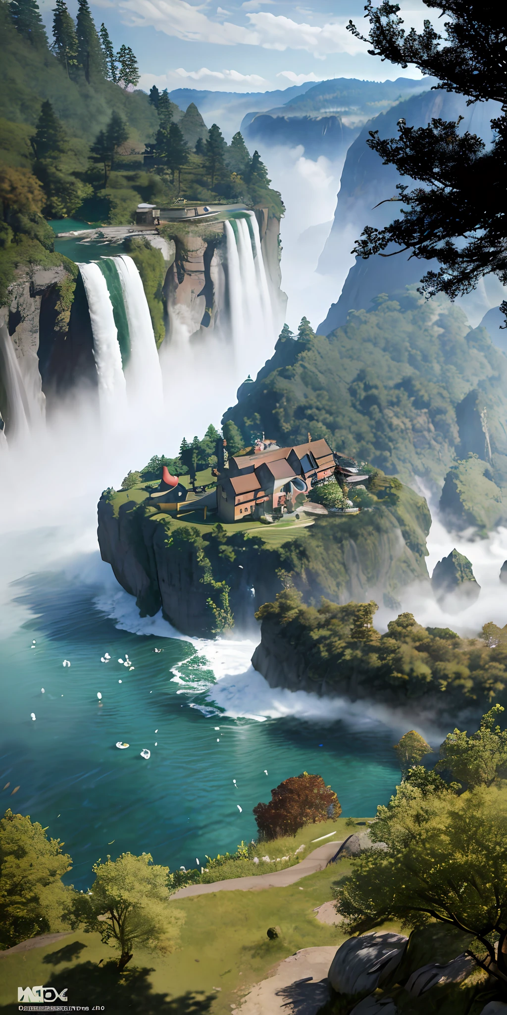 Analog style, Chroma V5, nvinkpunk, very detailed CG unified 8k wallpaper, spectacular river, trees on both sides, cascades, dense fog, award-winning photographic angles, pursuit of color contrast, detailed expression of scenes, HDR, Bloom, Monet-style images, Pissarro and Sisley, trends on ArtStation, trends on CGSociety, art in midjourney.