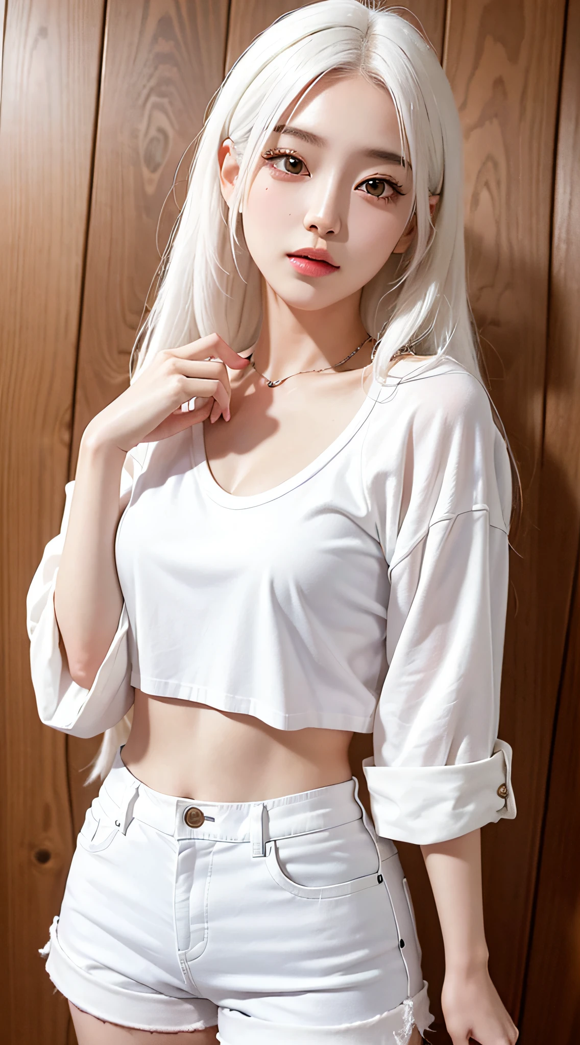 Realistic, high resolution, 1 girl, white hair, Korean, loose white shirt, white shorts, medium chest