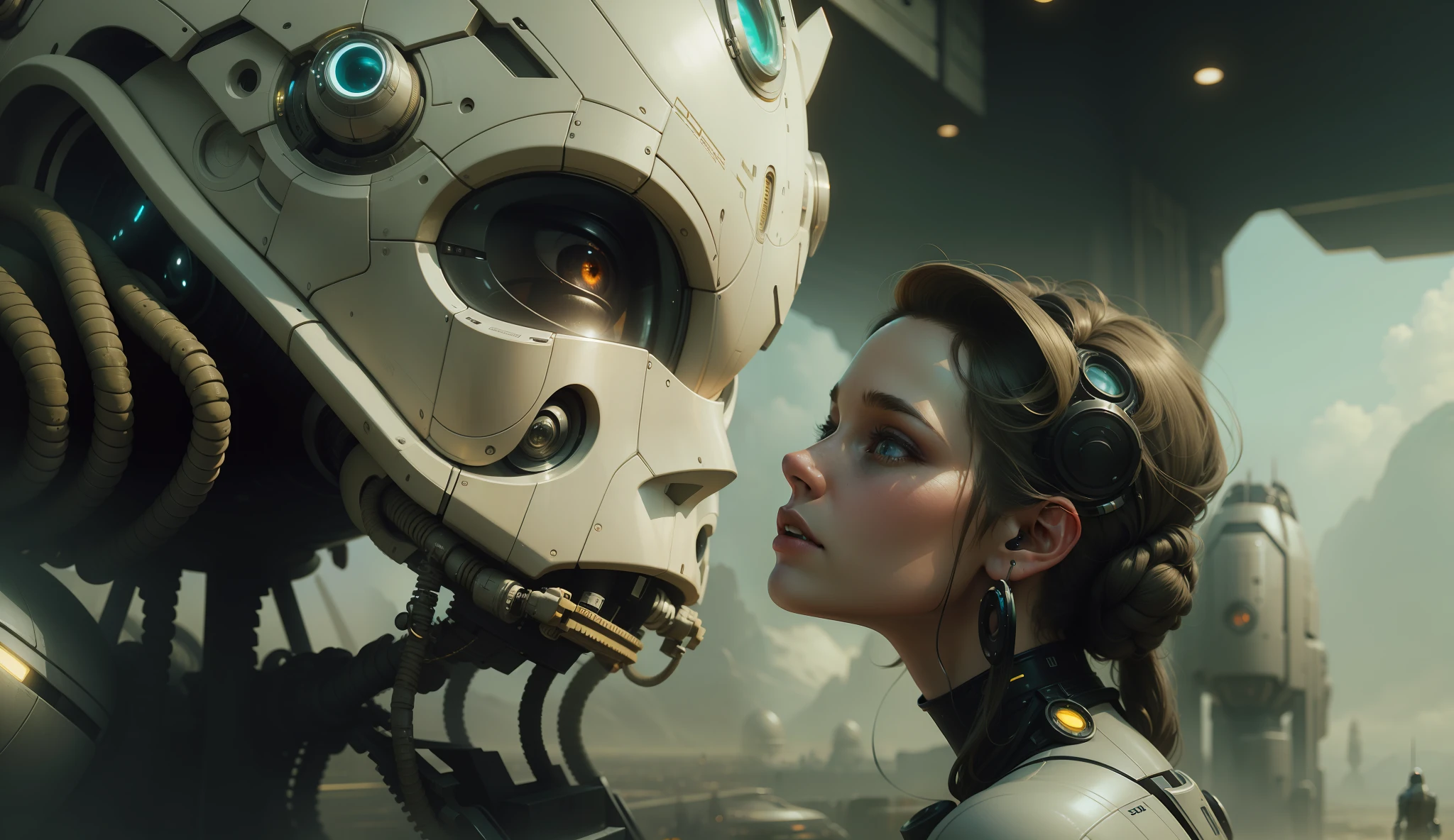 a woman in a futuristic suit surrounded by other people, a detailed matte painting by Mike Winkelmann, cgsociety, retrofuturism, sci-fi, reimagined by industrial light and magic, futuristic