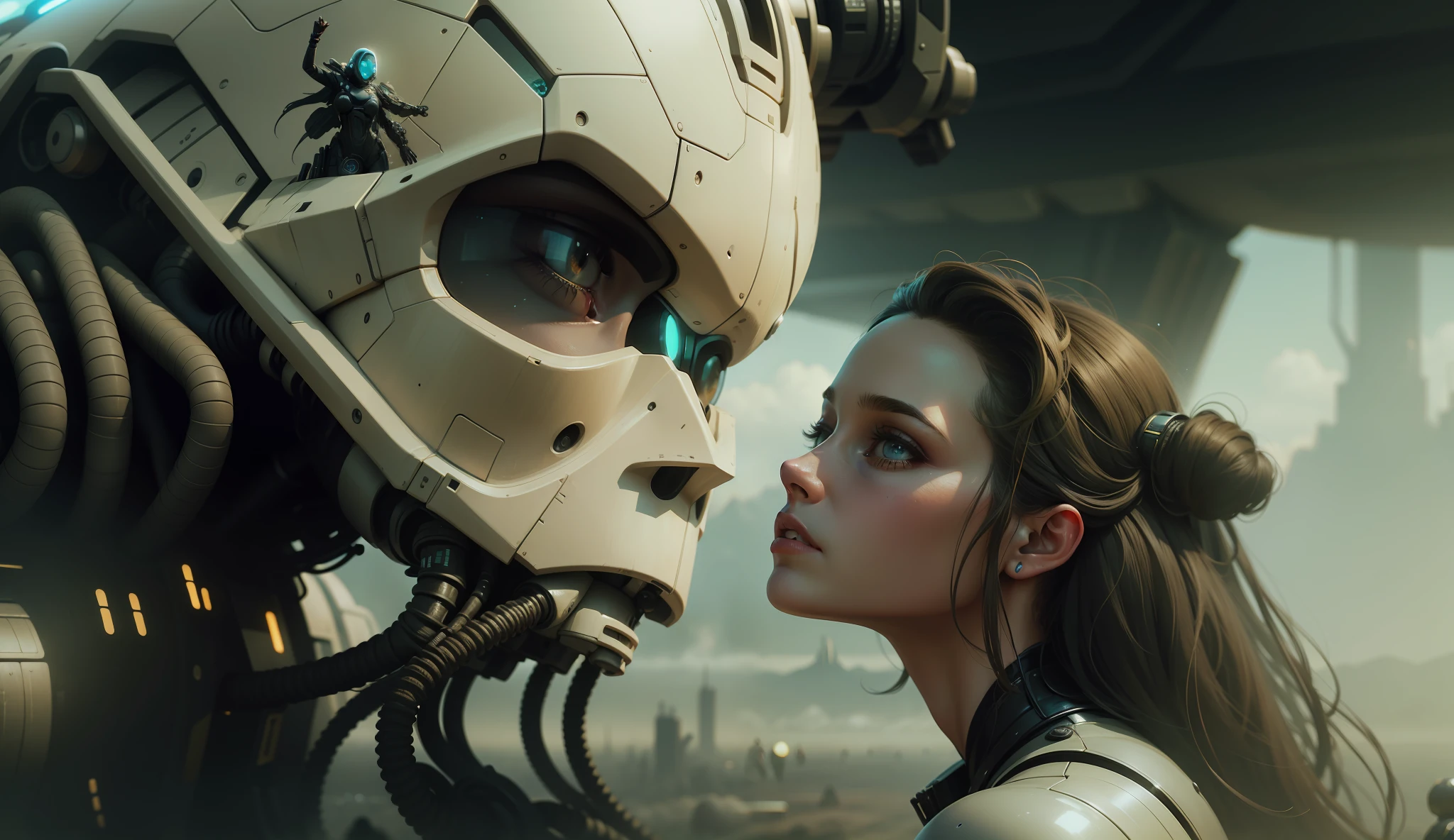 a woman in a futuristic suit surrounded by other people, a detailed matte painting by Mike Winkelmann, cgsociety, retrofuturism, sci-fi, reimagined by industrial light and magic, futuristic