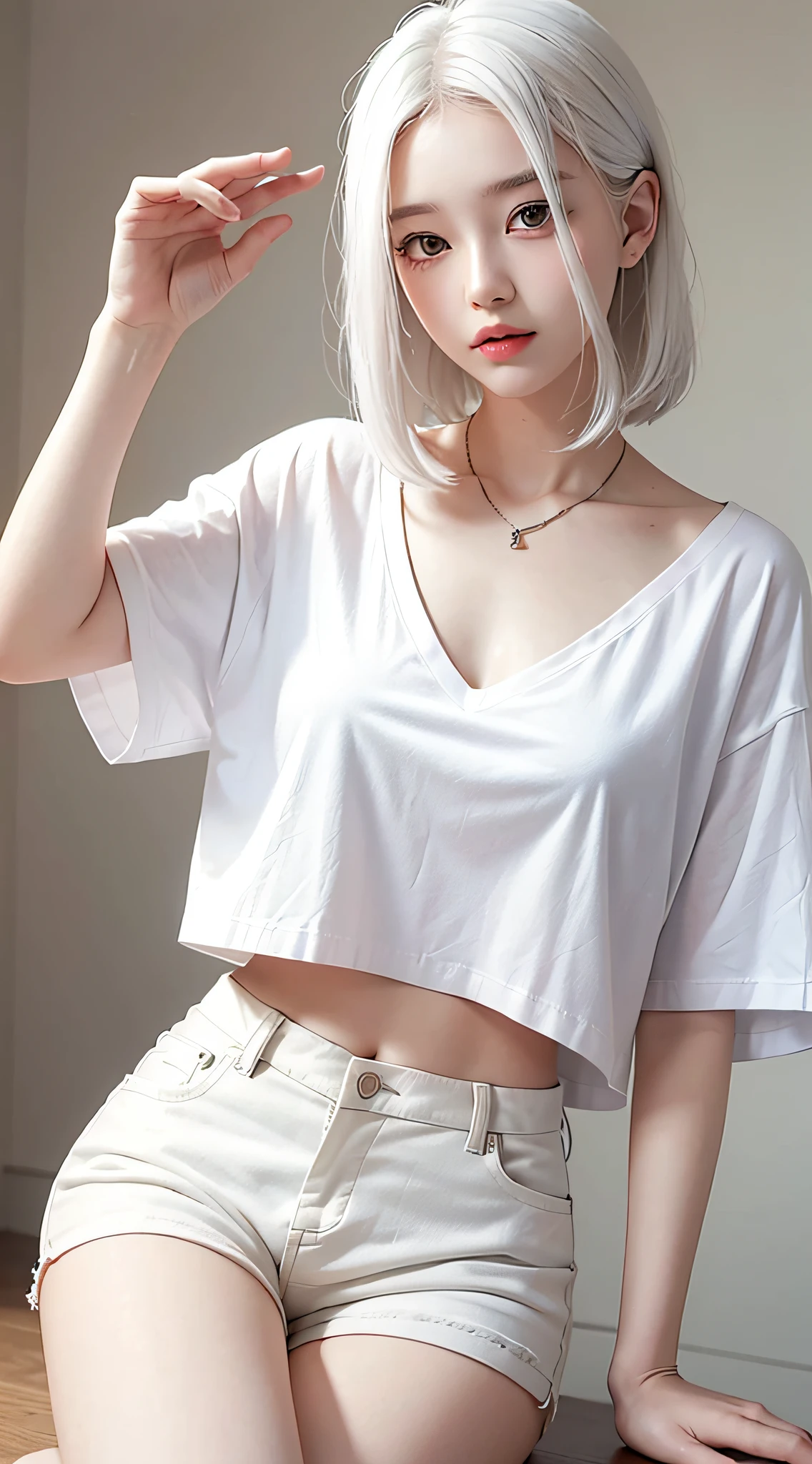 Realistic, high resolution, 1 girl, white hair, Korean, loose white shirt, white shorts, medium chest