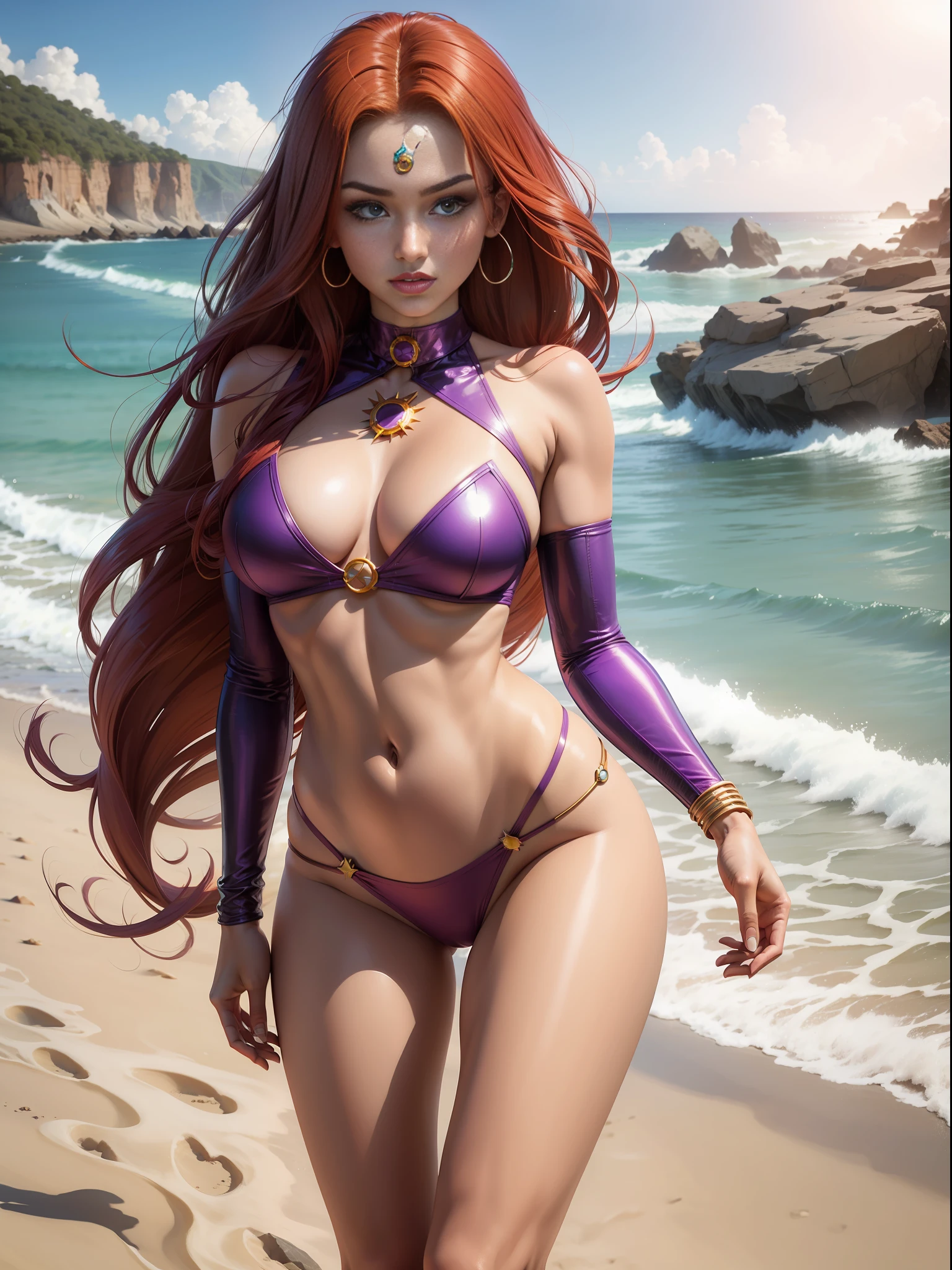 Starfire of young titans, dc cosmics, bikini, beach in the background