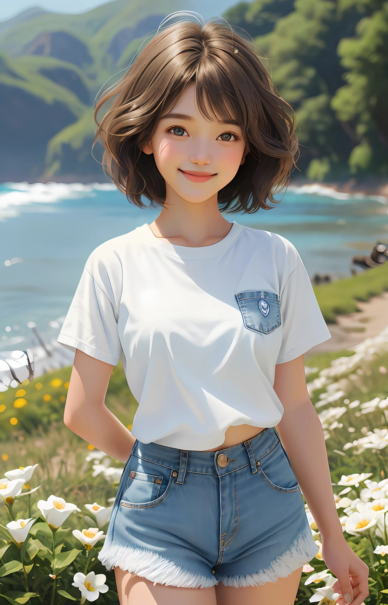 1 girl, short hair big waves, brown hair, brown eyes, white clothes, denim shorts, perfect body, deep view, pastoral background, flowers, close-up, large aperture, blurred background, smile healing, very healing, very beautiful girl, beautiful beauty that people can't forget when they see it, perfect picture quality, big eyes cute girl