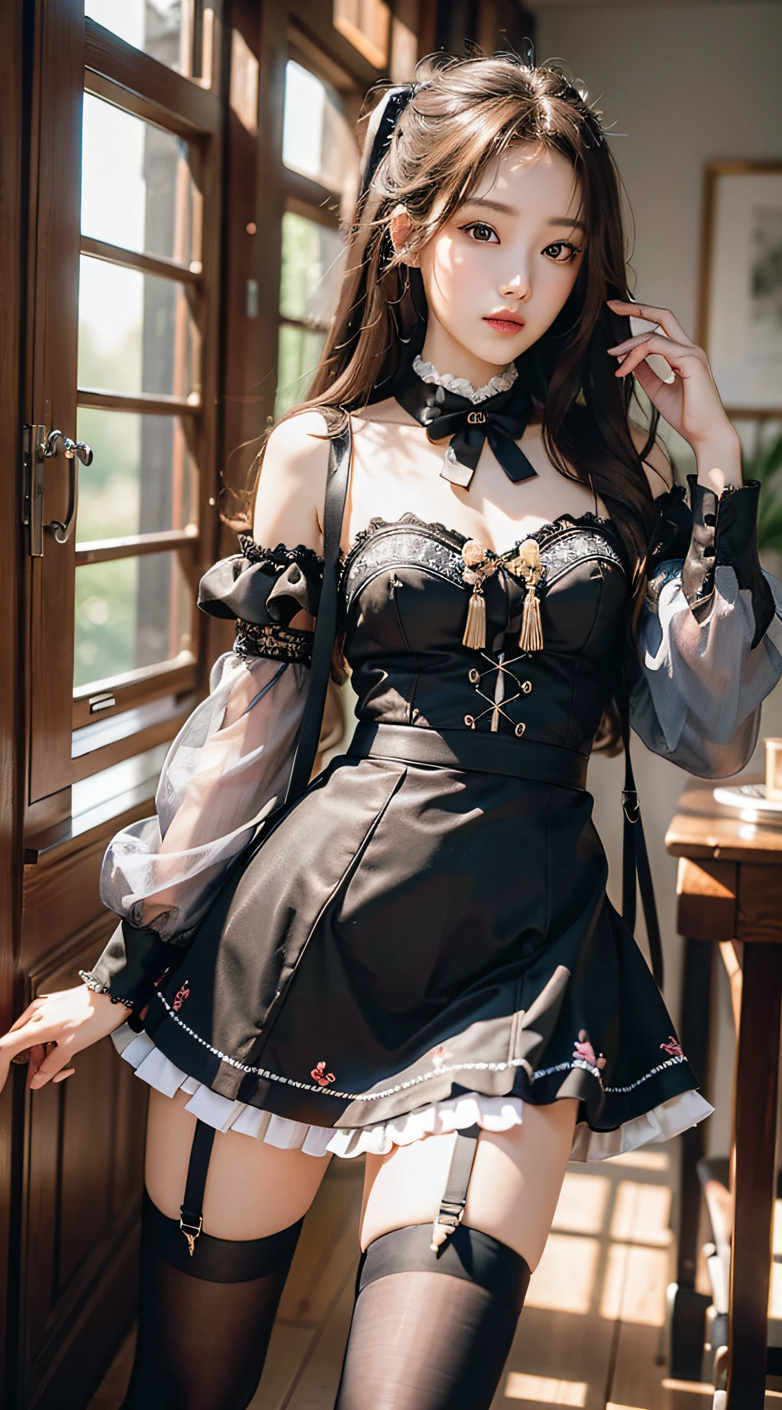 Masterpiece, best quality, official art, unified 8k wallpaper, ultra detailed, beautiful and aesthetic, beautiful, 1Girl, exquisite character shaping, mini skirts, stockings