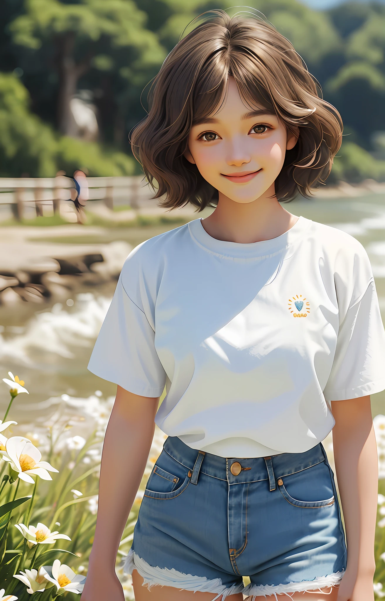 1 girl, short hair big waves, brown hair, brown eyes, white clothes, denim shorts, perfect body, deep view, pastoral background, flowers, close-up, large aperture, blurred background, smile healing, very healing, very beautiful girl, beautiful beauty that people can't forget when they see it, perfect picture quality, big eyes cute girl