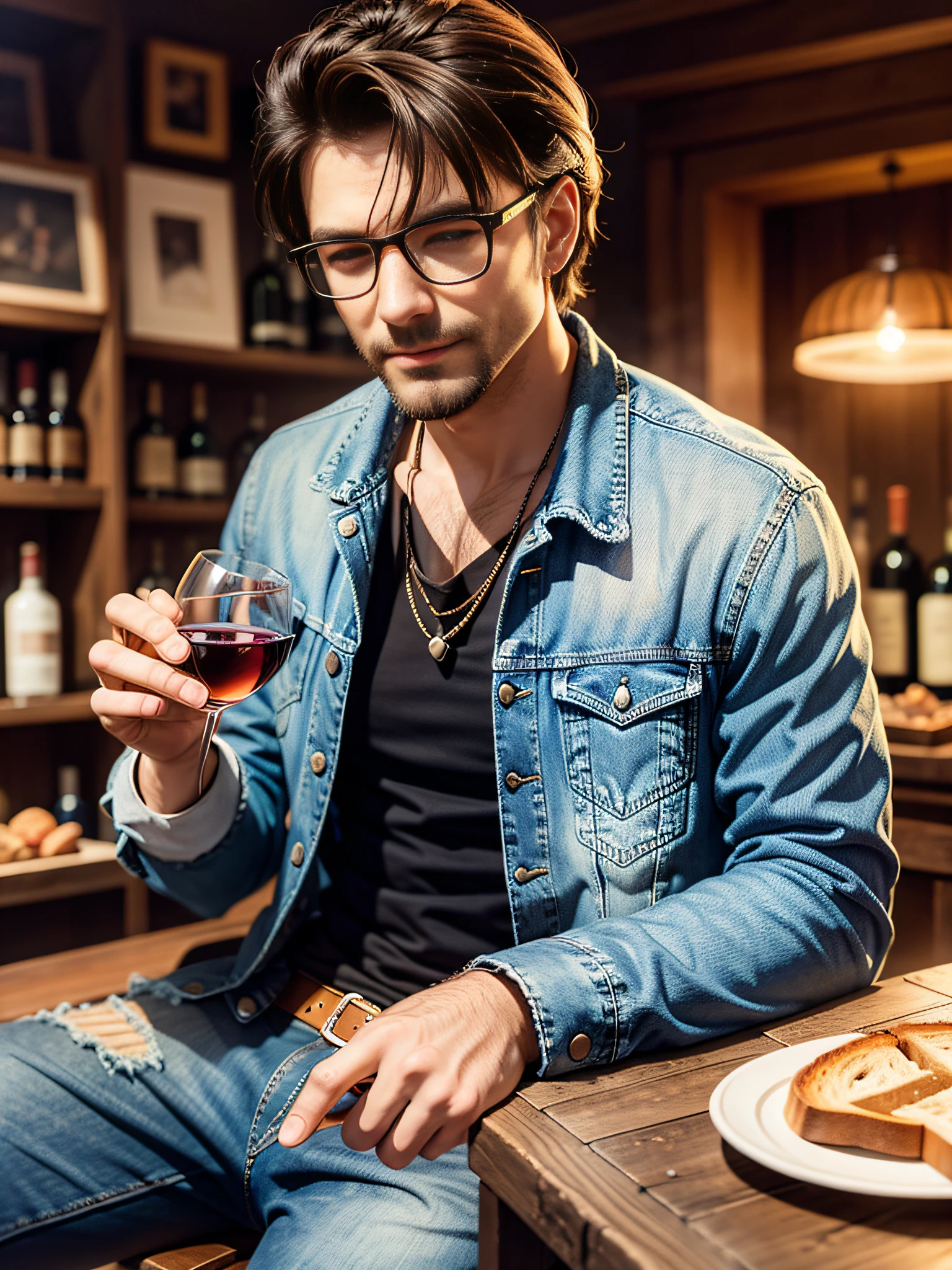 Drink, Happy, Man, Toast, Denim Jacket, Wine Table, Whiskey, Antiquity, Mysterious, Bauhaus Art, Dramatic Lighting, High Resolution