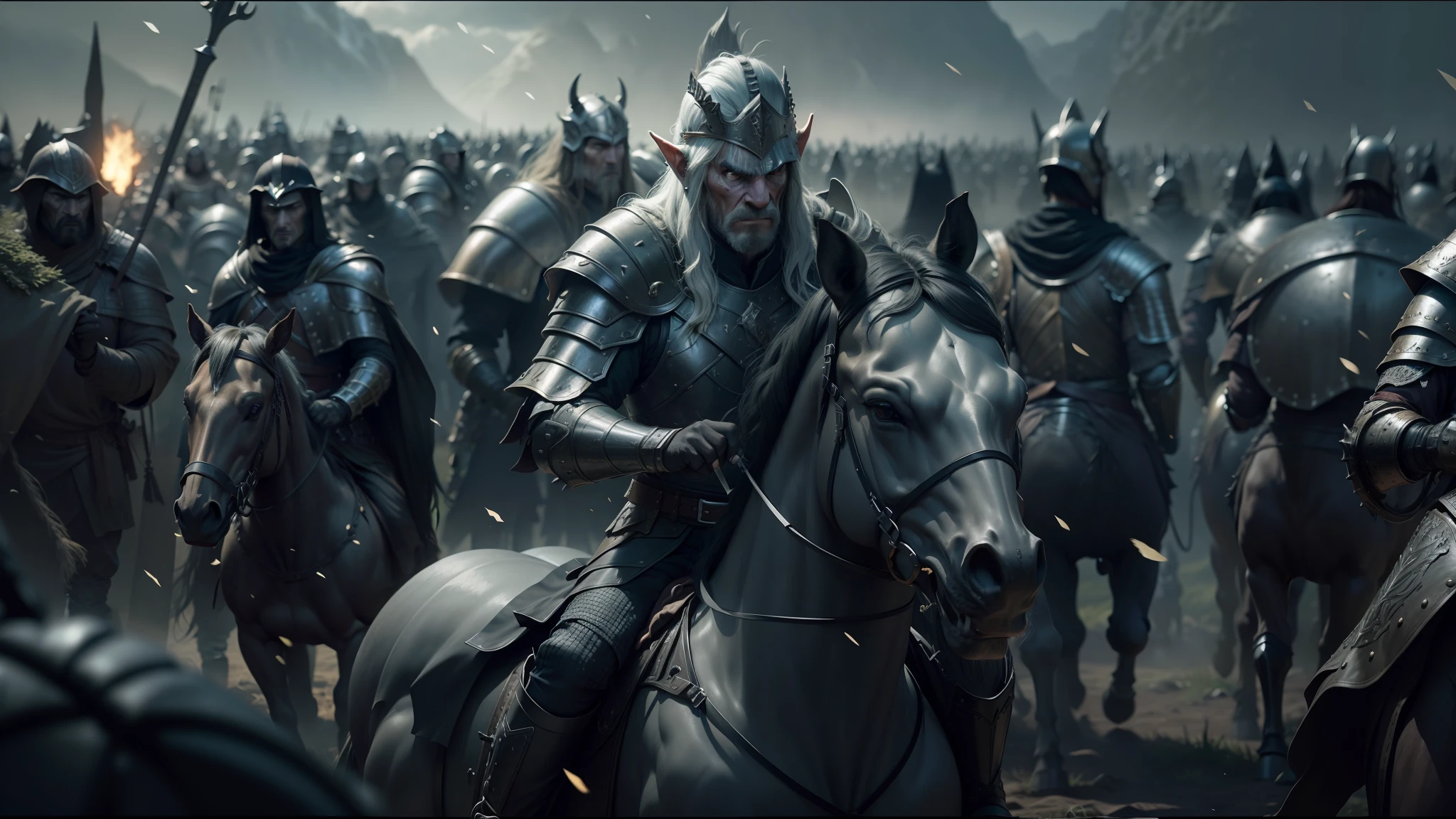 there are many men in armor riding horses in a field, the hobbit orc concept, still frame from a movie, spherical black helmets, wears a light grey crown, cyberpunk black metal band, miners, pvc armor, caravan, movie screenshot, shoulders can be seen, elves, dark garments