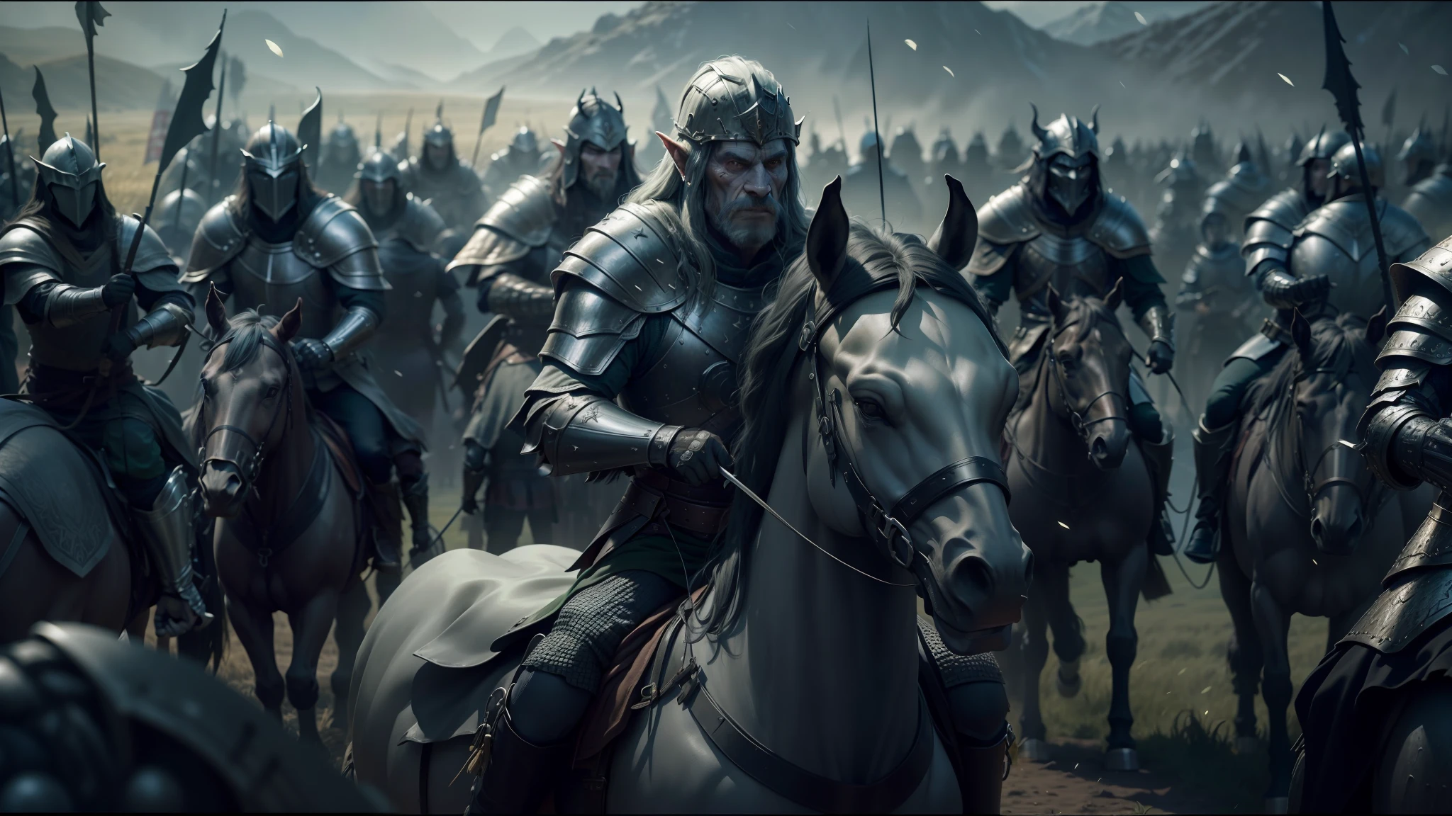 there are many men in armor riding horses in a field, the hobbit orc concept, still frame from a movie, spherical black helmets, wears a light grey crown, cyberpunk black metal band, miners, pvc armor, caravan, movie screenshot, shoulders can be seen, elves, dark garments
