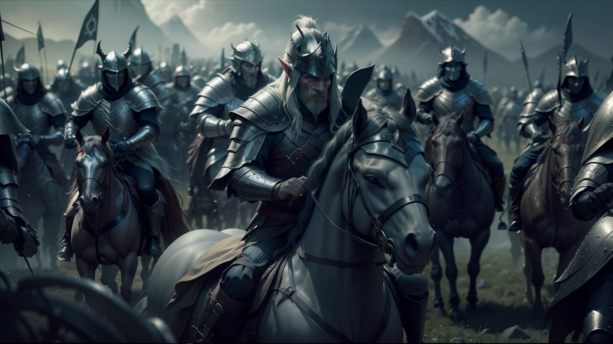 there are many men in armor riding horses in a field, the hobbit orc concept, still frame from a movie, spherical black helmets, wears a light grey crown, cyberpunk black metal band, miners, pvc armor, caravan, movie screenshot, shoulders can be seen, elves, dark garments