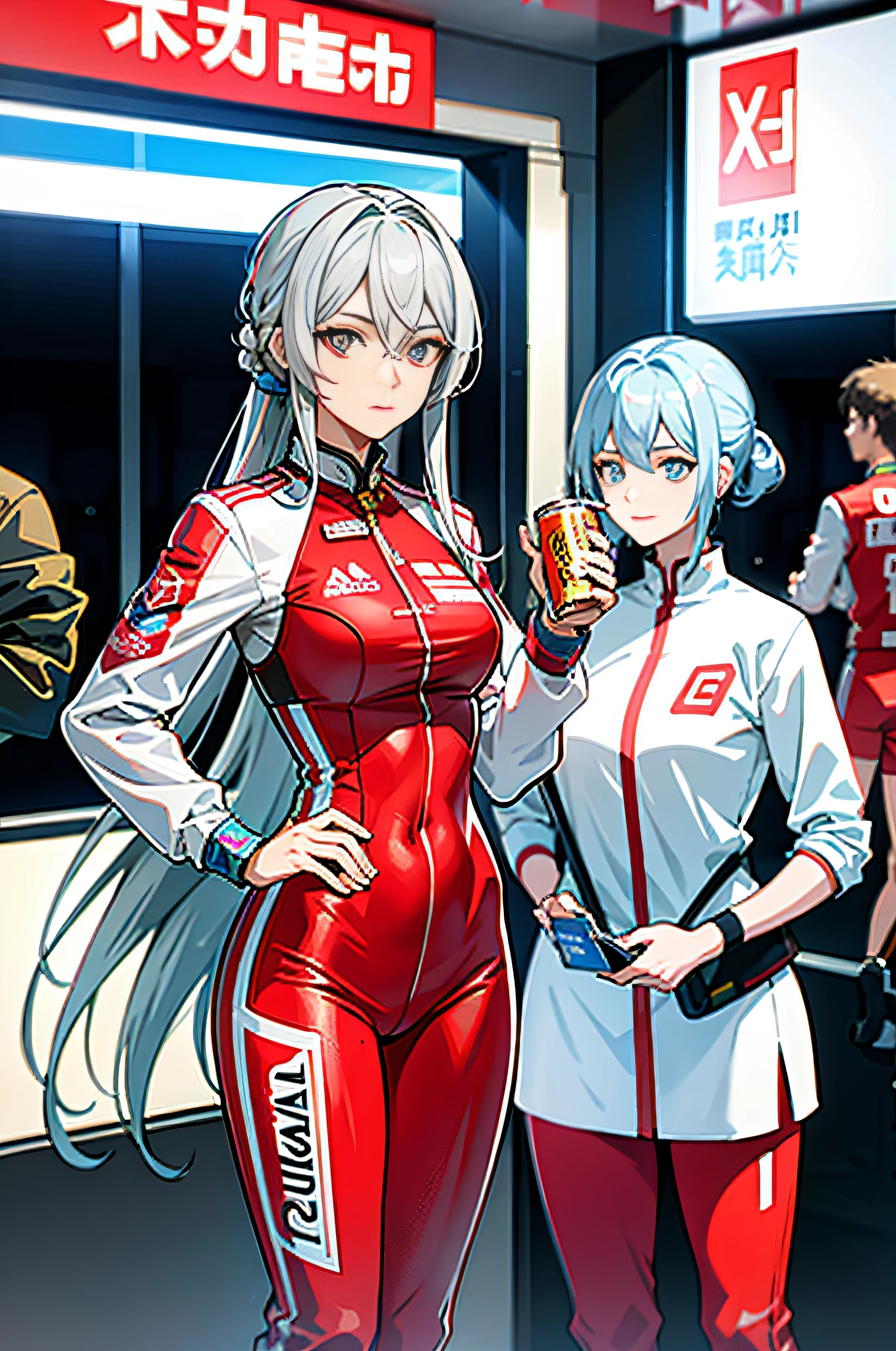 Masterpiece, high quality, 4k wallpaper, HDR, (beauty) silver hair, (female) racer Luo Tianyi (station) high-speed rail station, (wearing) bright red jumpsuit, (holding) cold can Coke.