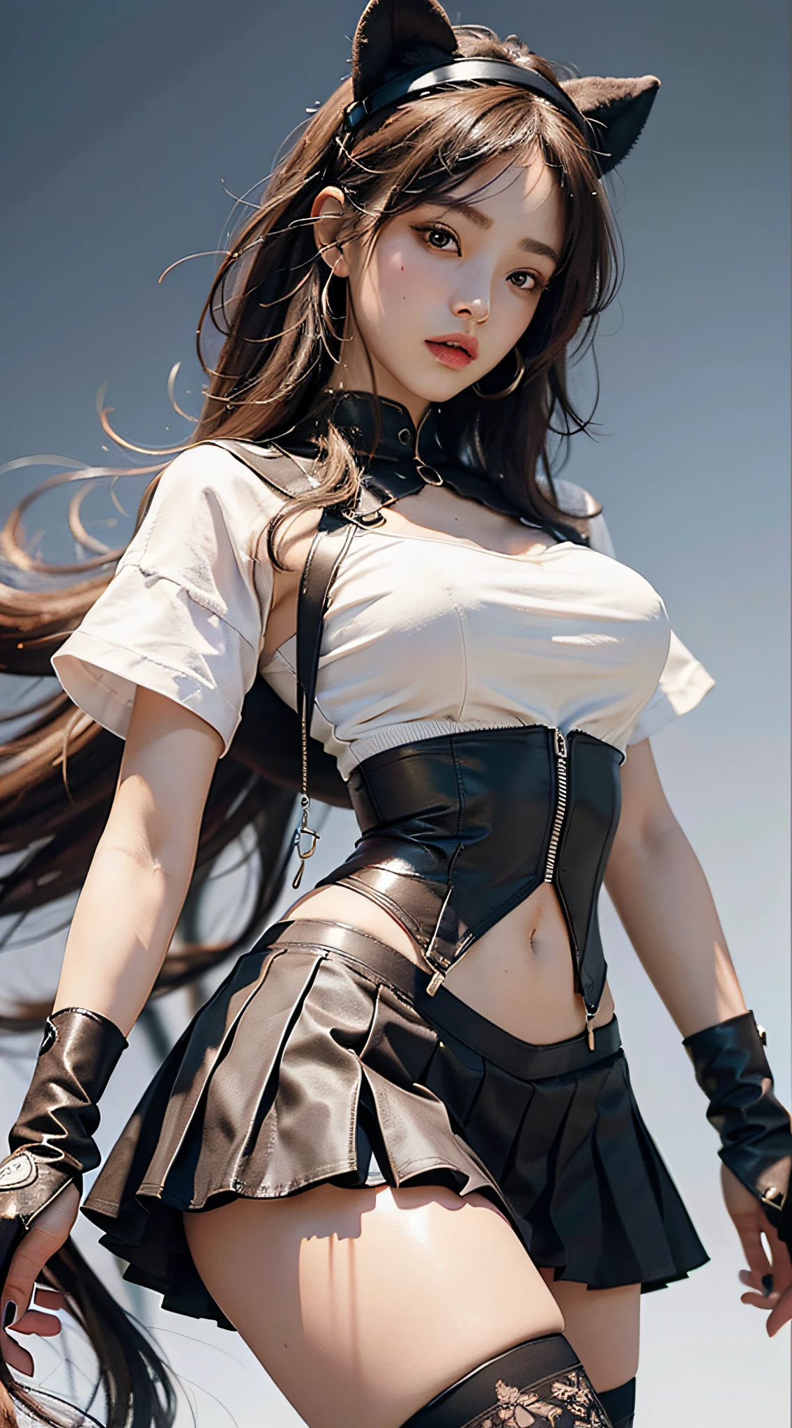 Masterpiece, best quality, official art, unified 8k wallpaper, ultra-detailed, delicate irrelevant, beautiful, 1Girl, exquisite character shaping, mini skirt, stockings, loose t-shirt, navel, surreal