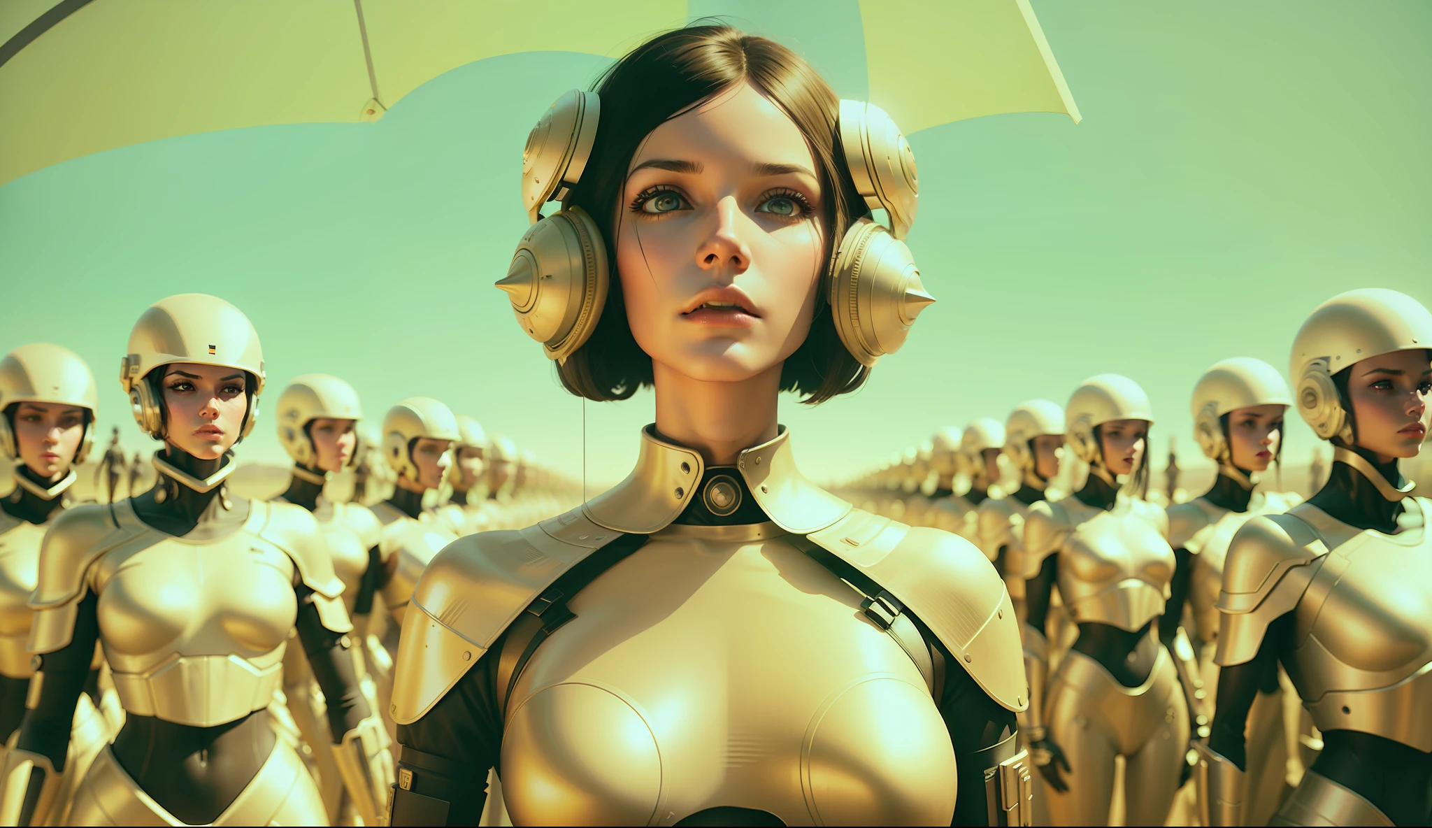 a woman with a helmet standing in front of a group of mannequins, cyberpunk art by Jim Burns, cgsociety, retrofuturism, daz3d, ps1 graphics, dystopian art