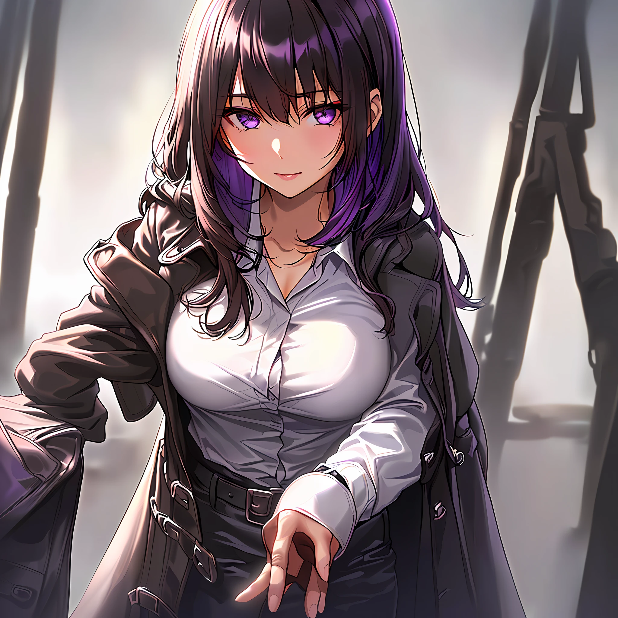 1 girl, wearing a black trench coat, dark brown hair, and light purple eyes,  dynamic composition,