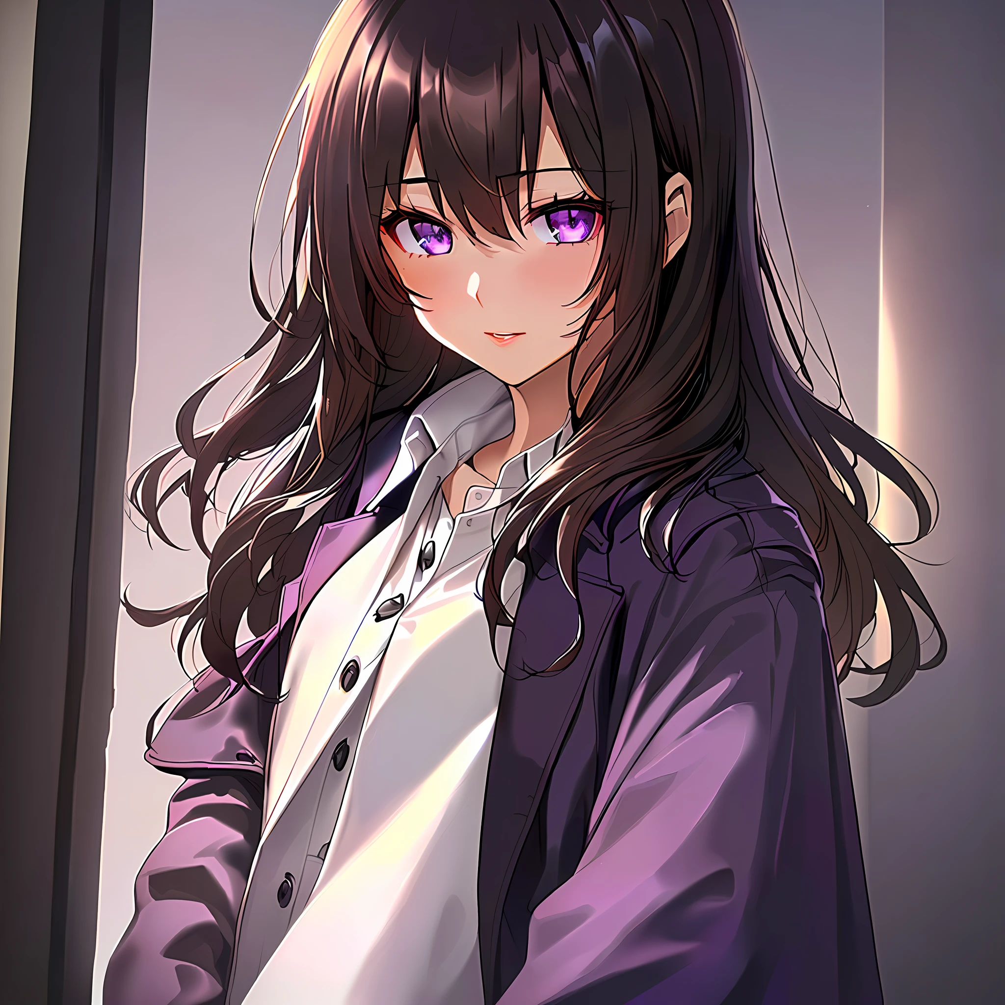 1 girl, wearing a black trench coat, dark brown hair, and light purple eyes,  dynamic composition,