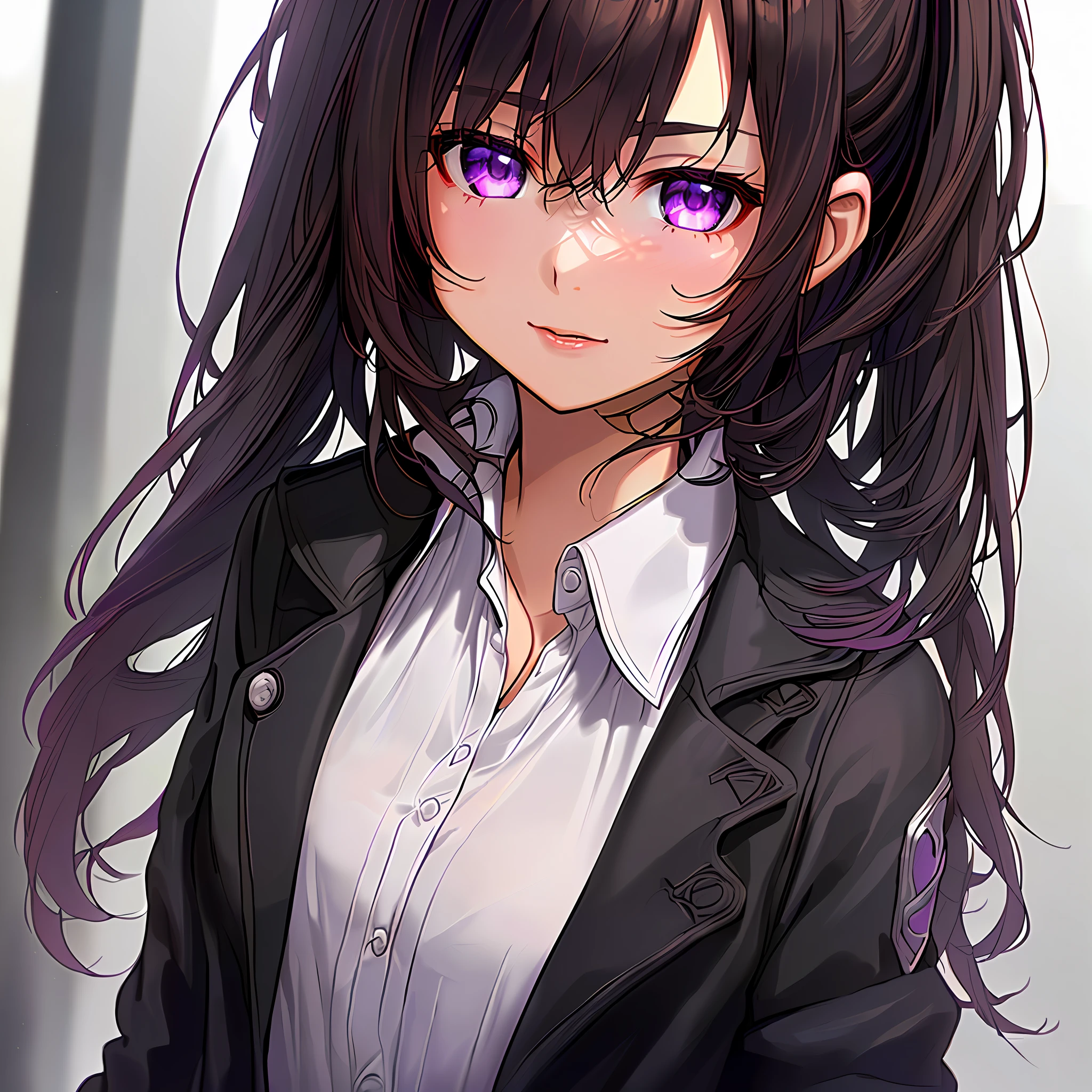 1 girl, wearing a black trench coat, dark brown hair, and light purple eyes, dynamic composition,