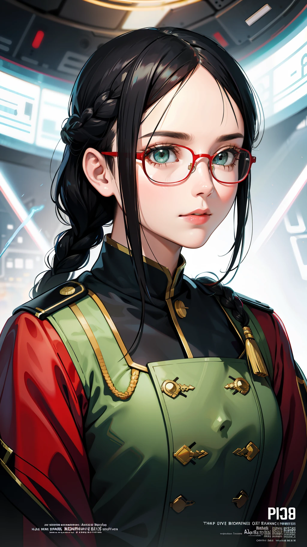 Movie Poster,((Braid Hairstyle : 1.5)),Anime Reference 86 ,Science Fiction,Sci-Fi,Movies,War Action Movies,Space,Atmosphere,Sky,Battleship,Multiple Characters,Women,Adults,Green Eyes,Black Hair,(Pia bangs hairstyle) : 1.8 ),(Red Glasses),General Uniform,White Commander Uniform,Realistic Face Details,Realism,3D Face,