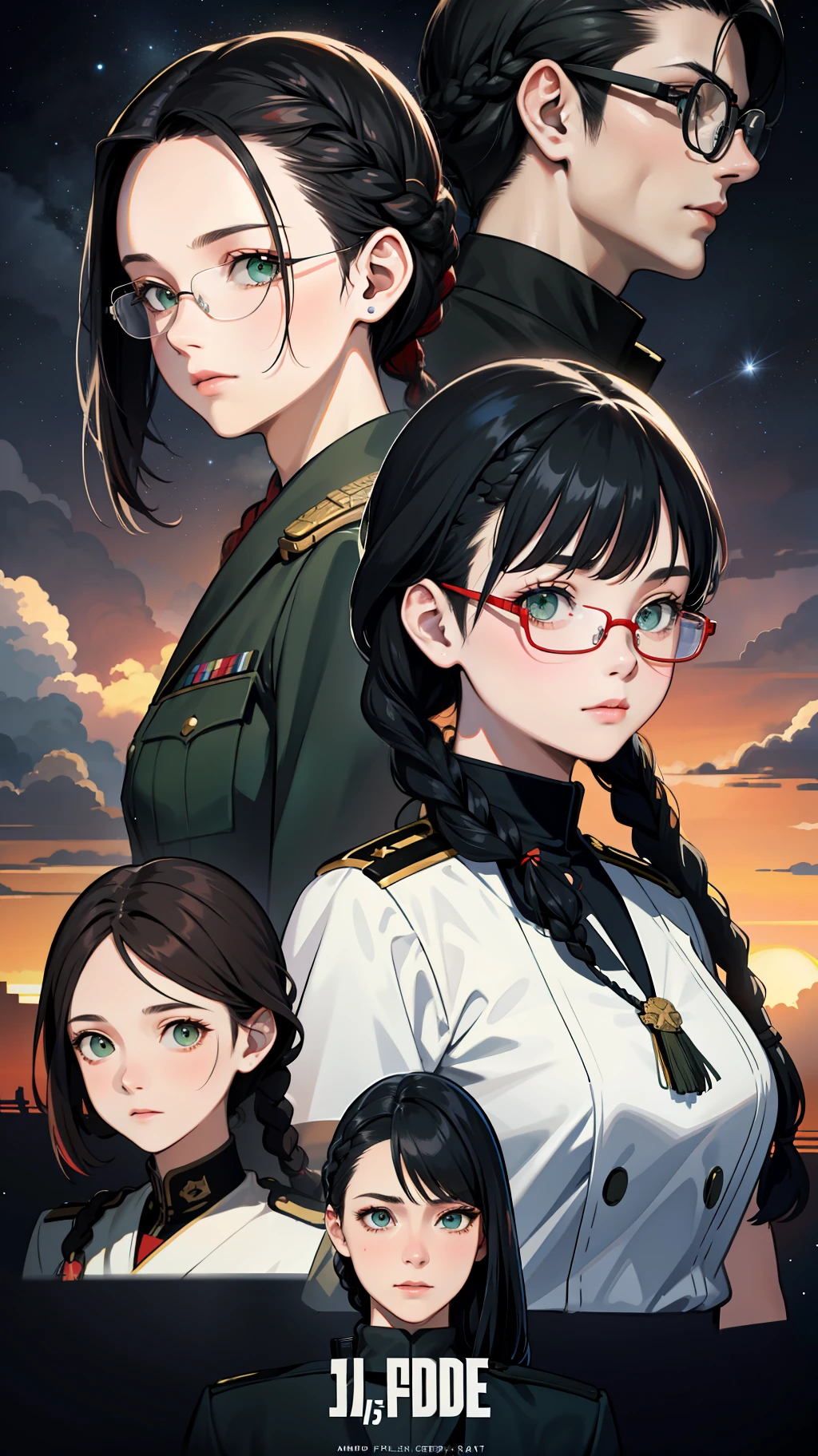 Movie Poster,((Braid Hairstyle : 1.5)),Anime Reference 86 ,Science Fiction,Sci-Fi,Movies,War Action Movies,Space,Atmosphere,Sky,Battleship,Multiple Characters,Women,Adults,Green Eyes,Black Hair,(Pia bangs hairstyle) : 1.8 ),(Red Glasses),General Uniform,White Commander Uniform,Realistic Face Details,Realism,3D Face,
