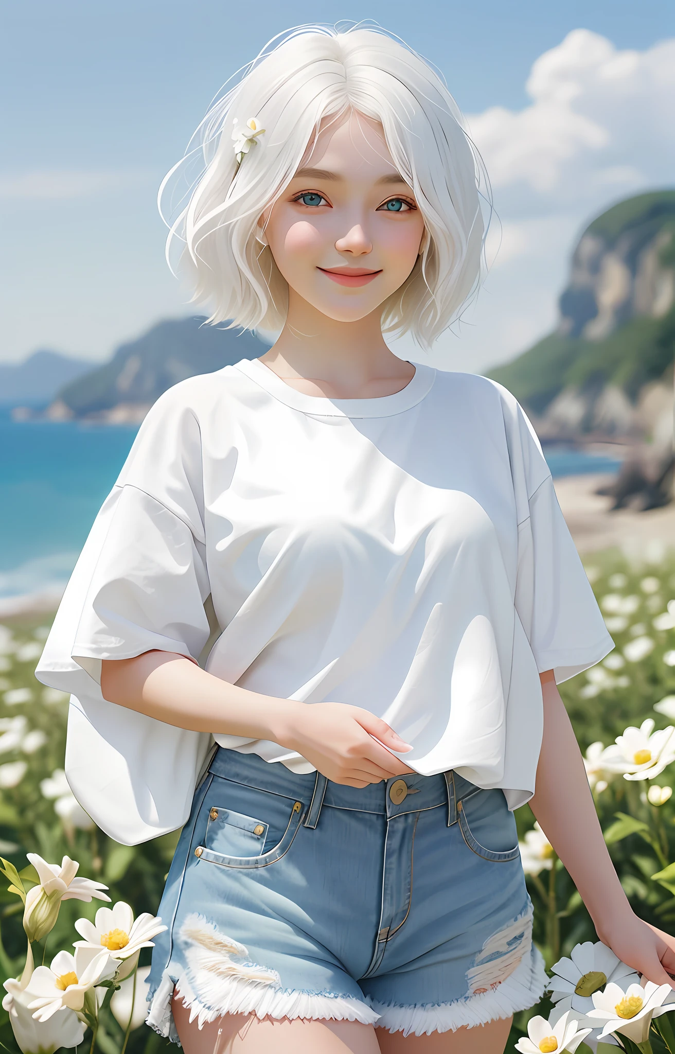 1 girl, short hair big waves, white hair, golden pupils, white clothes, denim shorts, perfect figure, deep view, pastoral background, flowers, close-up, large aperture, blurred background, smile healing, very healing, very beautiful girl, beautiful beauty that people can't forget when they see it, perfect picture quality, big eyes cute girl, the feeling of first love